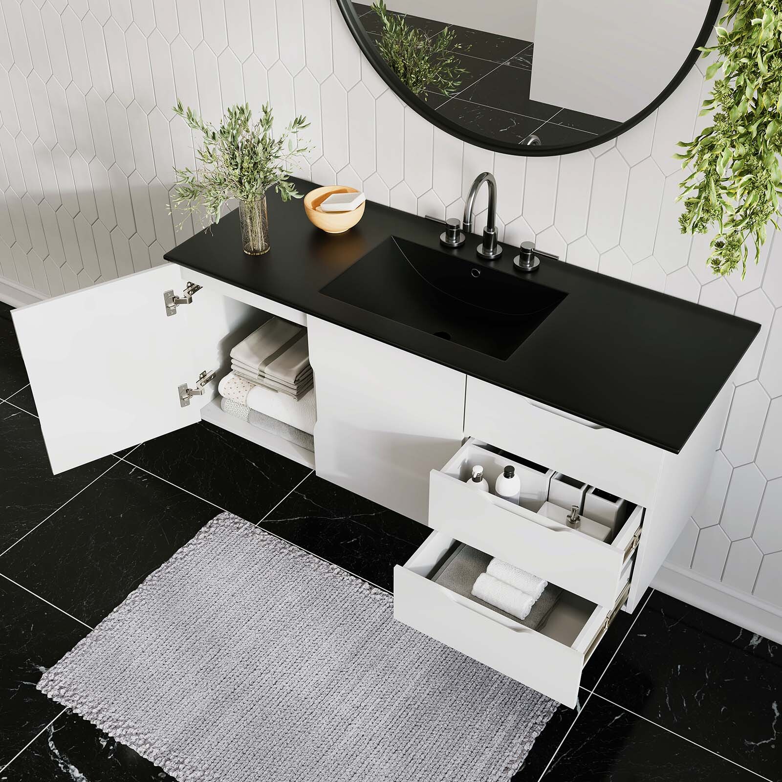 Modway Vitality 48″ Single Sink Wall-Mount Bathroom Vanity in White Black