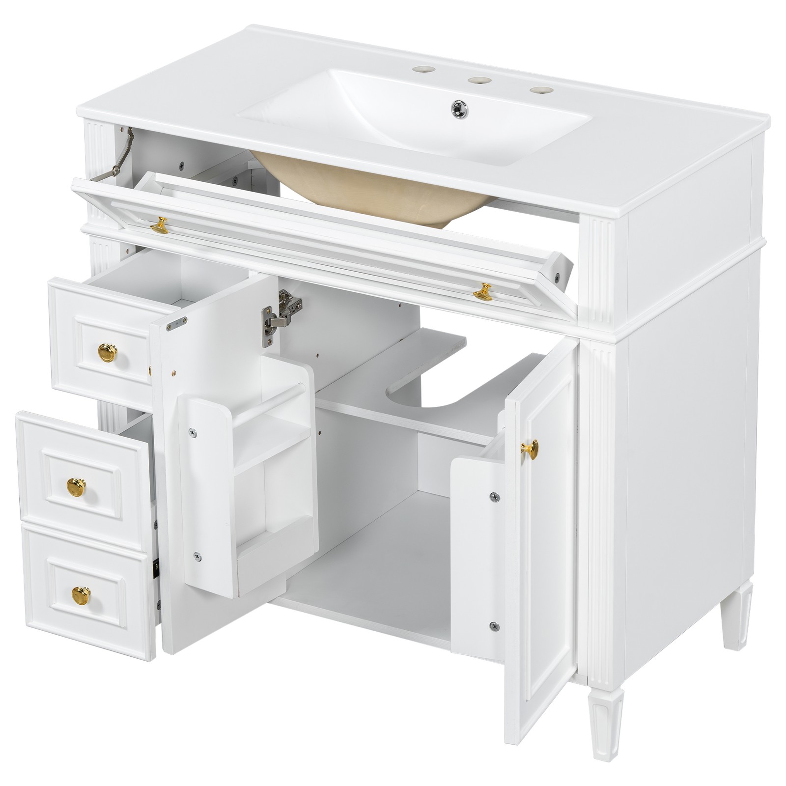 36″ Bathroom Vanity with Sink, White Solid Wood Cabinet, Gold Handles