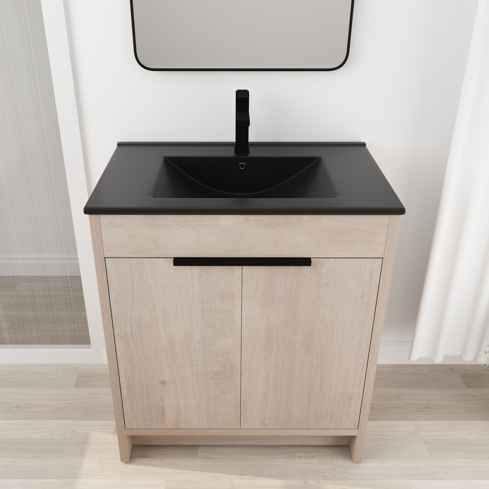 30″Free Standing Bathroom Vanity W/ Black Sink Basin + Adjustable Shelf + Doors