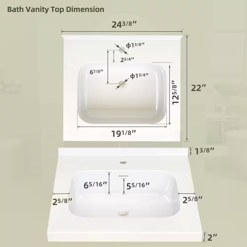 24 In. W X 22 In. D Solid Surface White Rectangular Single Sink Bath Vanity Top