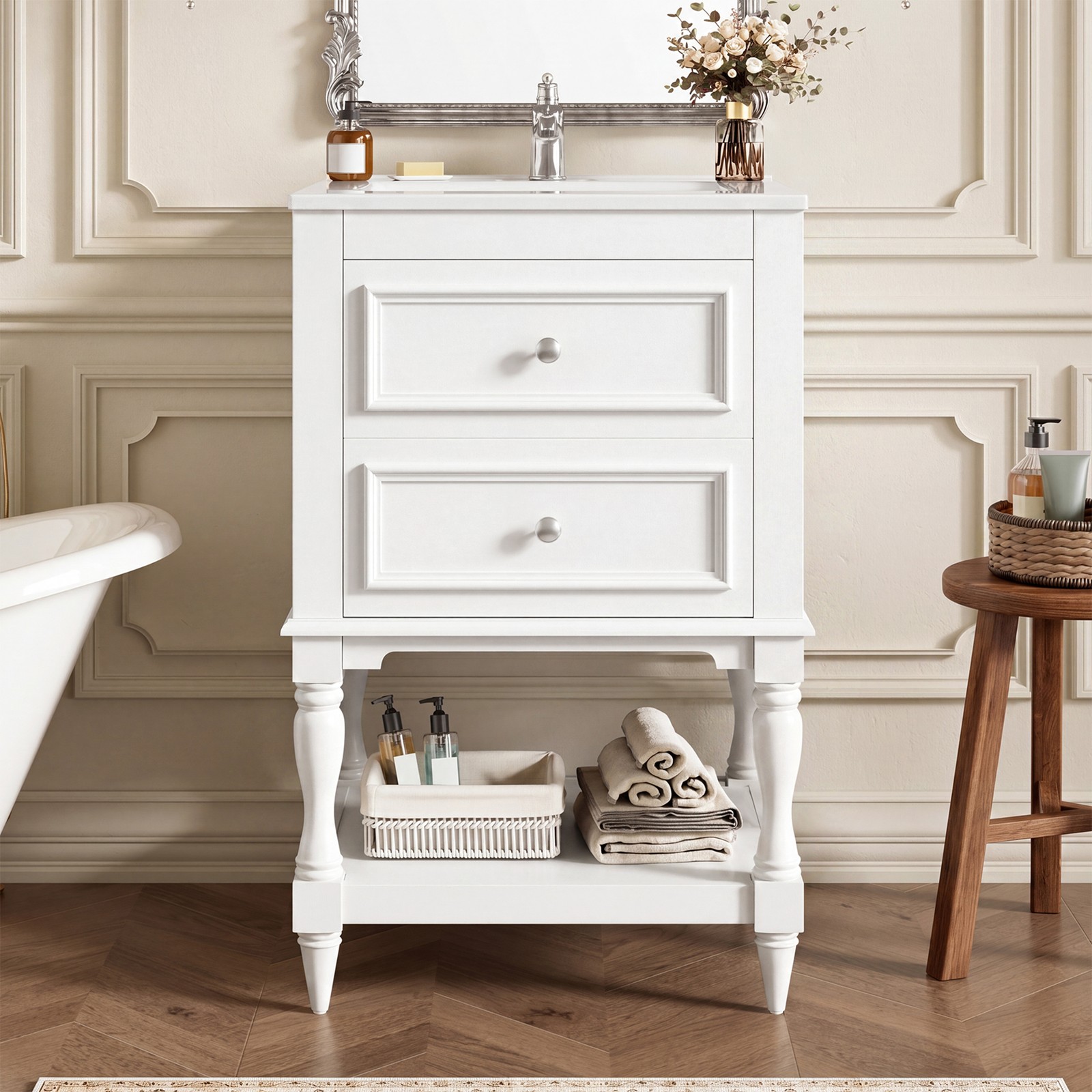 20″ Bathroom Vanity with Ceramic Sink, 2 Drawers & Open Shelf, Retro Design