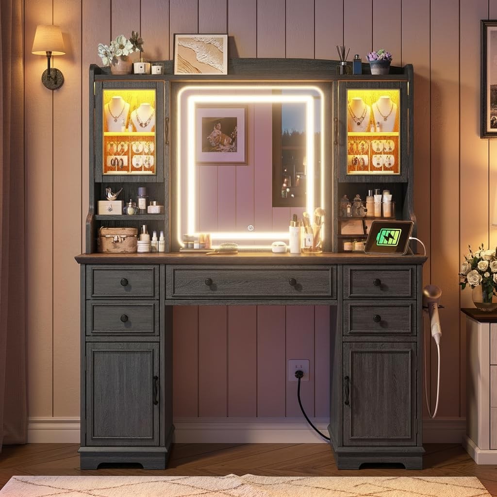 Vanity Desk Mirror Lights 43in Black 5 Drawers 2 RGB Cabinets Adj LED Farmhouse
