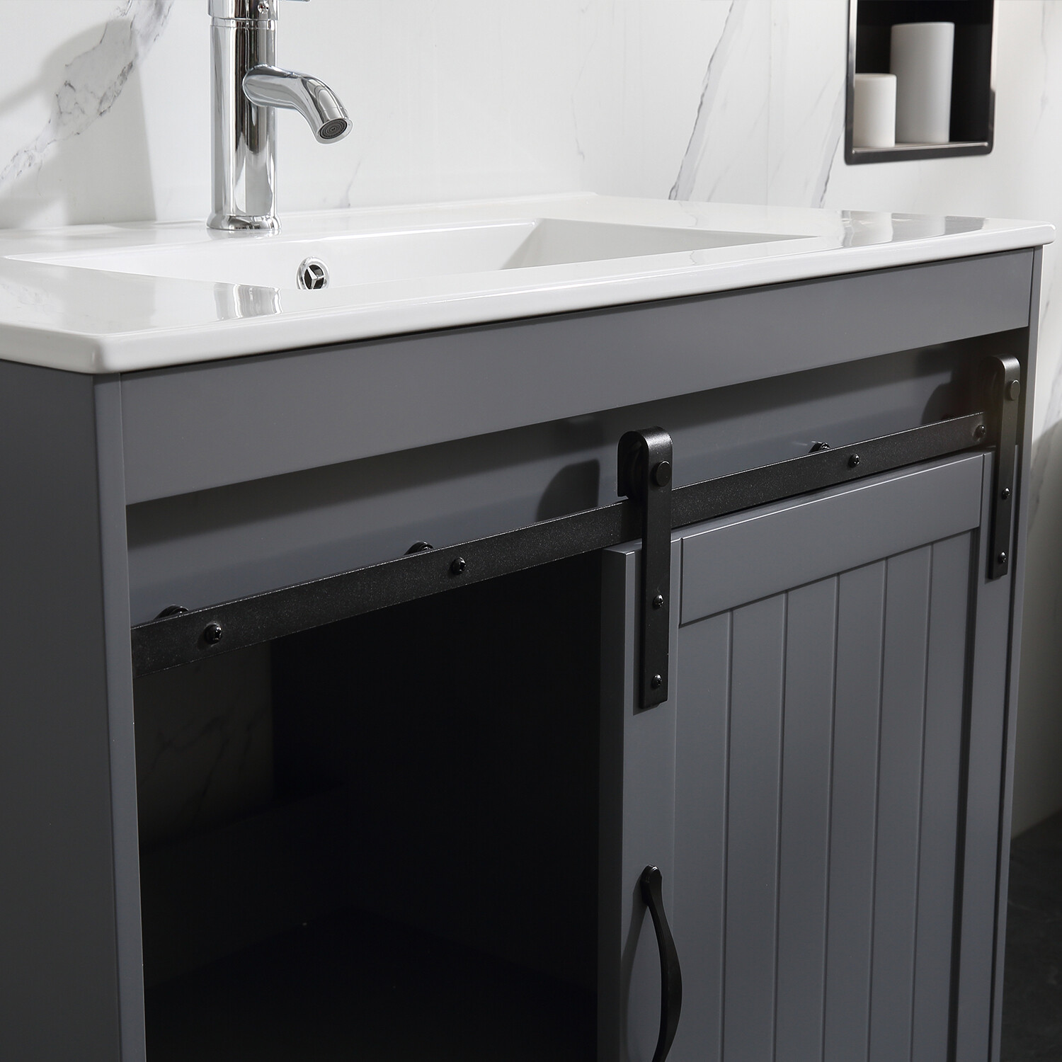 36″ Sliding Door Bathroom Vanity w/ Undermount Sink Faucet Mirror Gray Modern