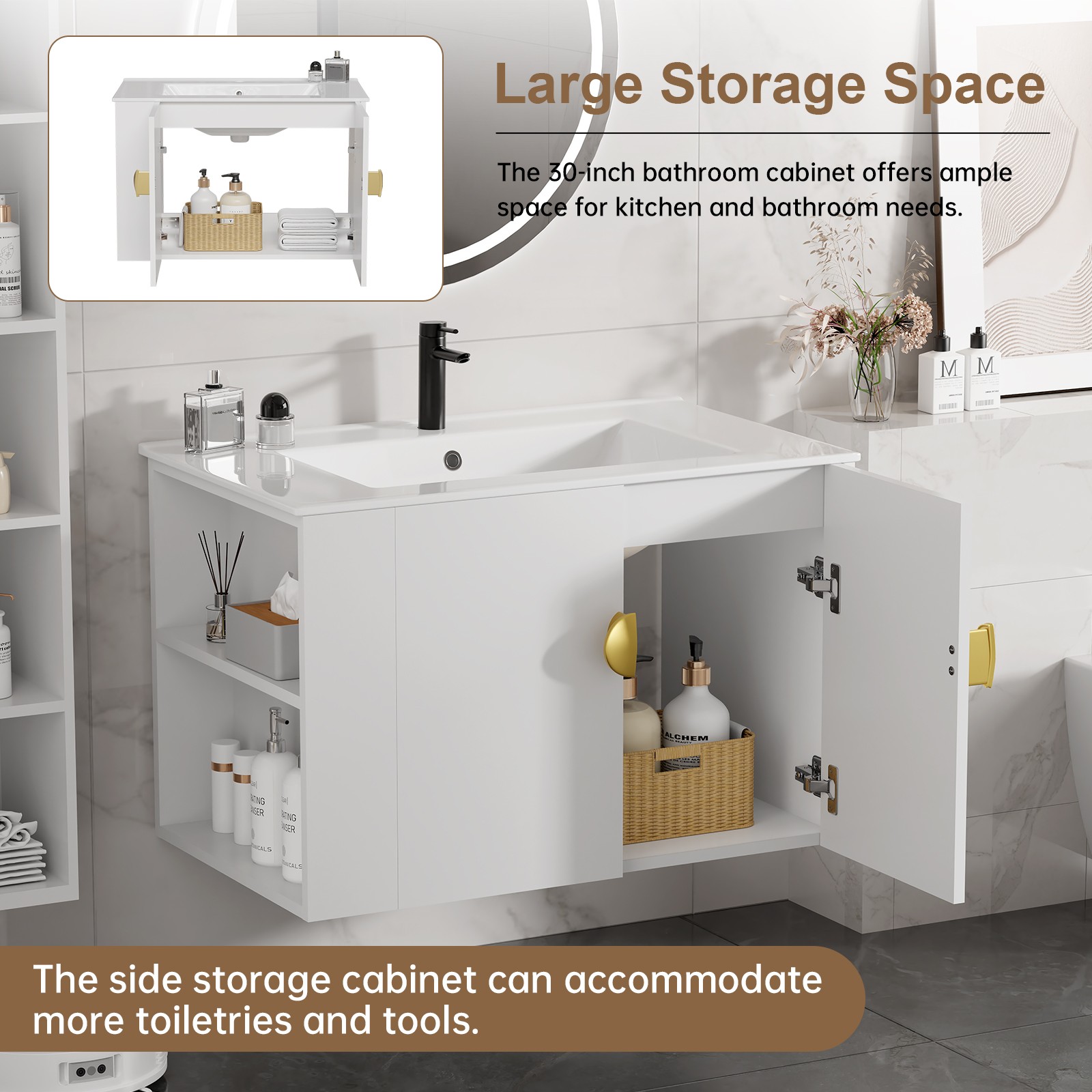 30″ White Bathroom Vanity Wall Mounted Cabinet with Ceramic Sink No Faucet