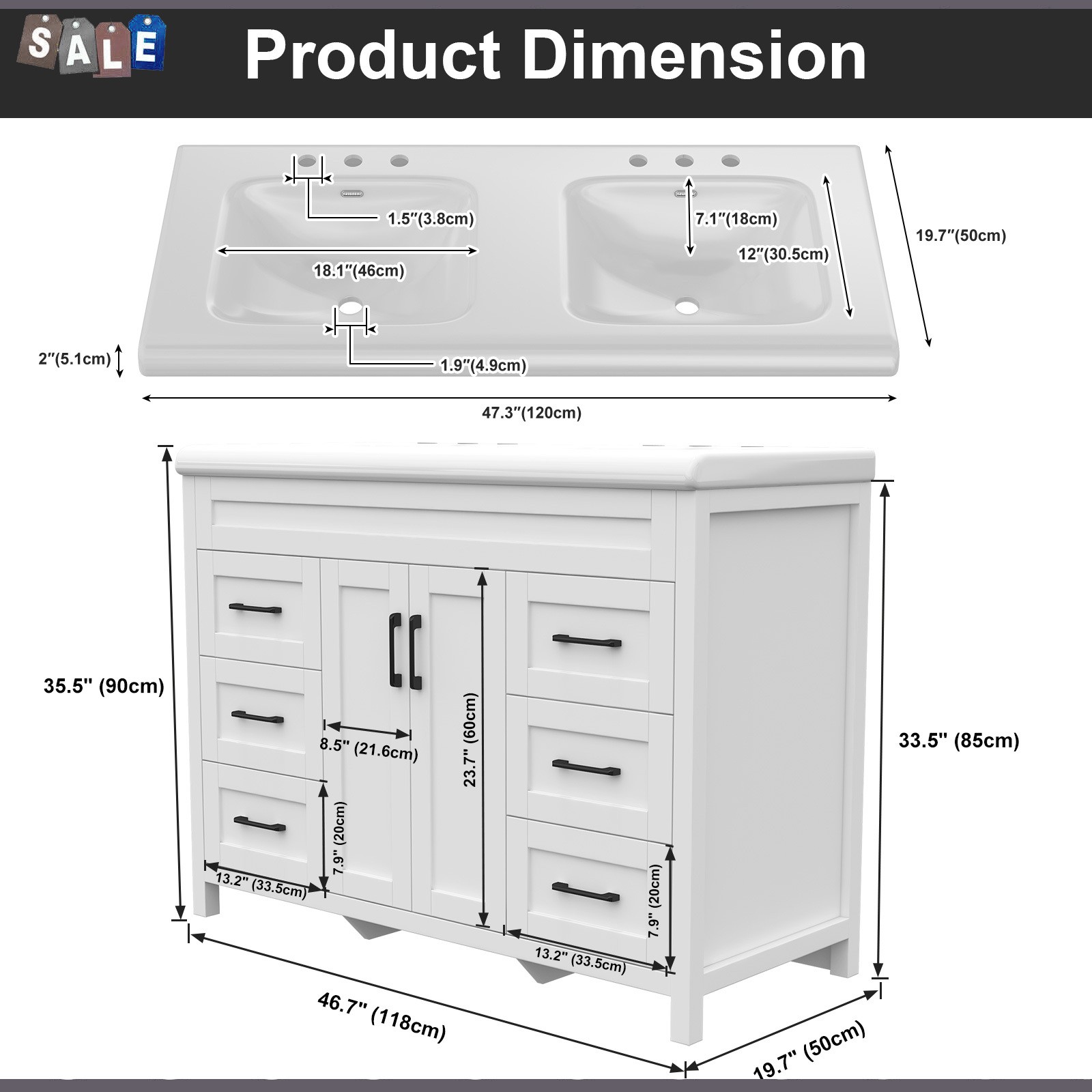 White Bathroom Vanity Double Sink Freestanding Cabinet with Storage Drawers