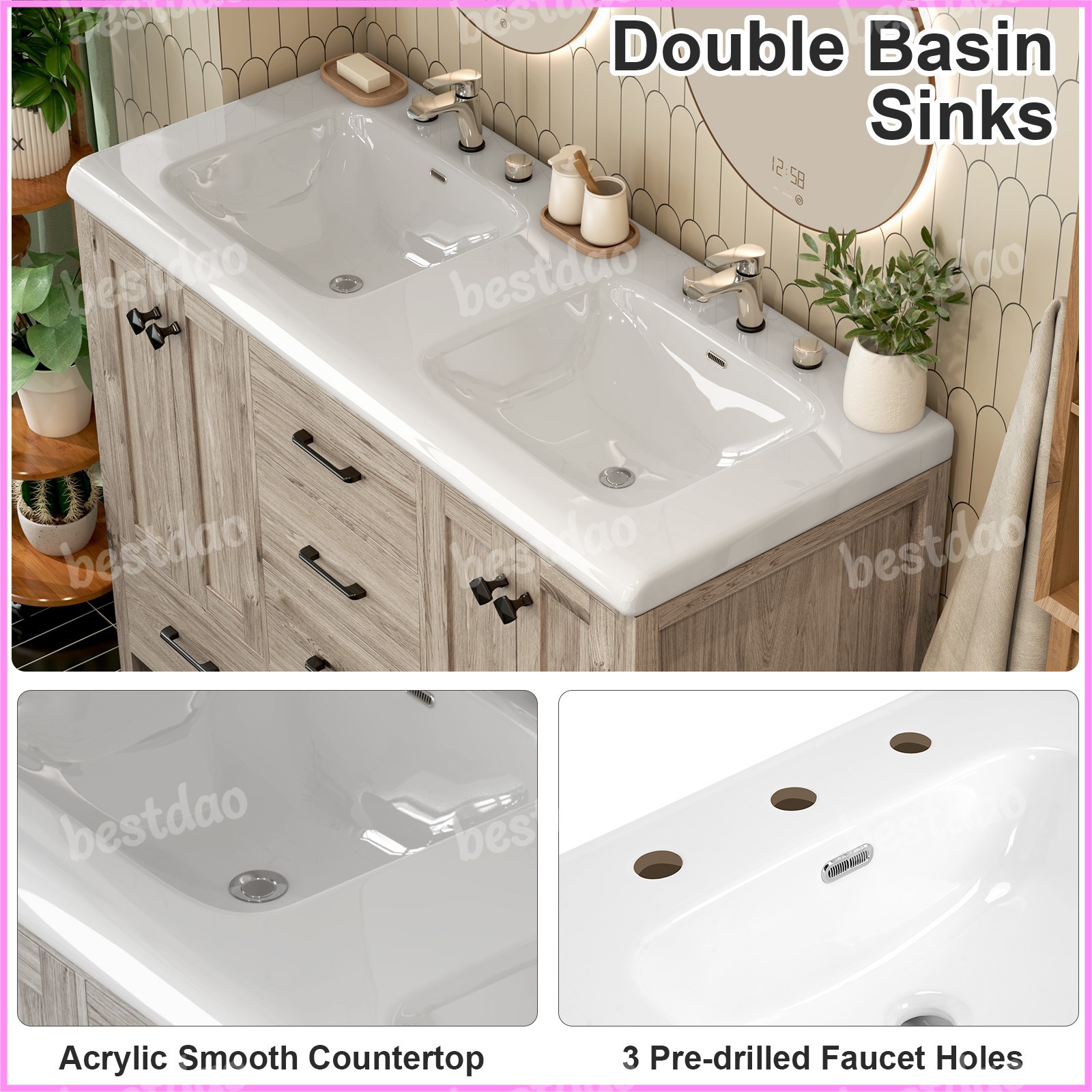 47 Inch Bathroom Vanity Double Ceramic Sinks Combo Storage Doors and Drawers