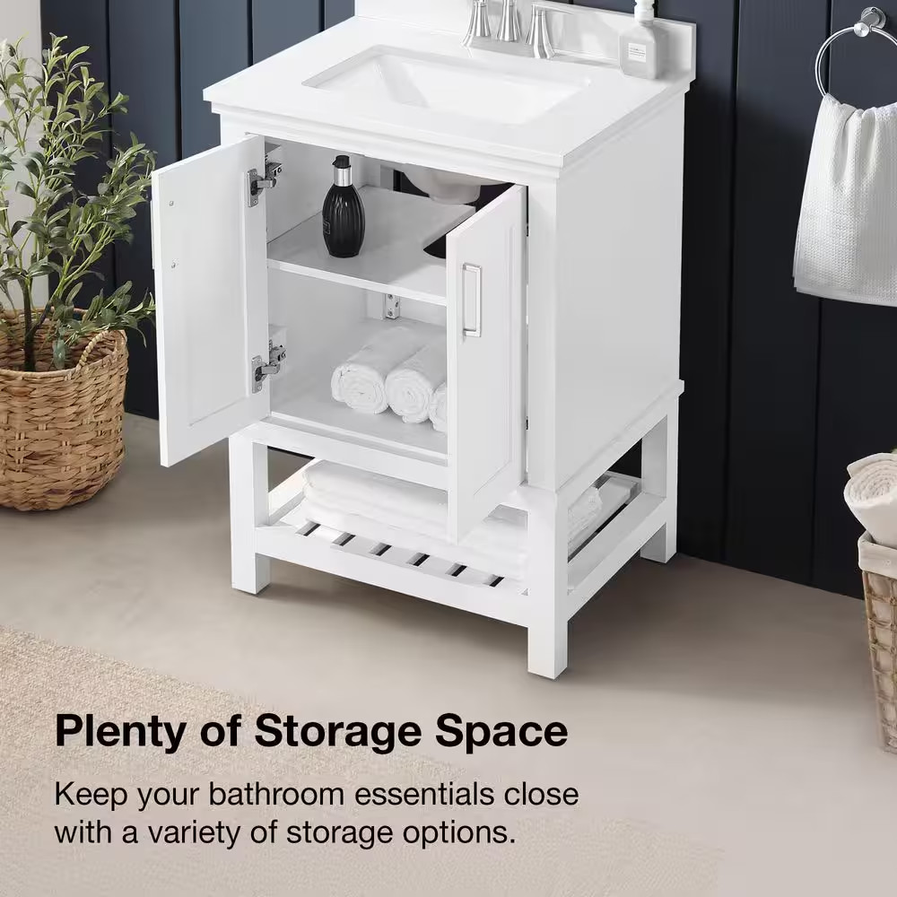 Tupelo 24 In. Single Sink Freestanding White Bath Vanity with White Engineered S