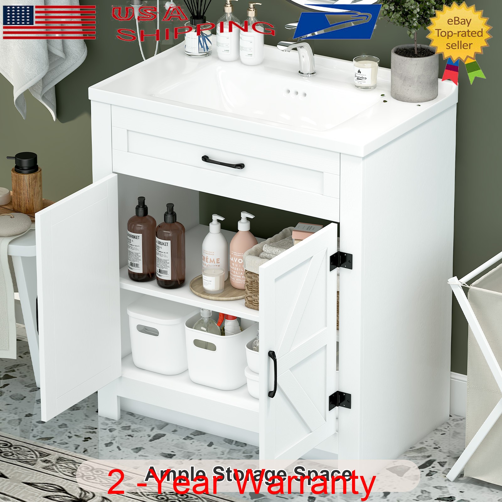 Freestanding Bathroom Vanity w/ Ceramic Sink & Soft-Close Door Storage Cabinet