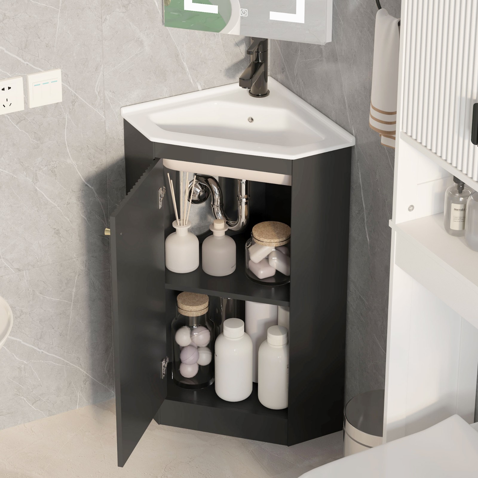 Corner Bathroom Vanity Sink Combo for Small Space Freestanding Storage Cabinet