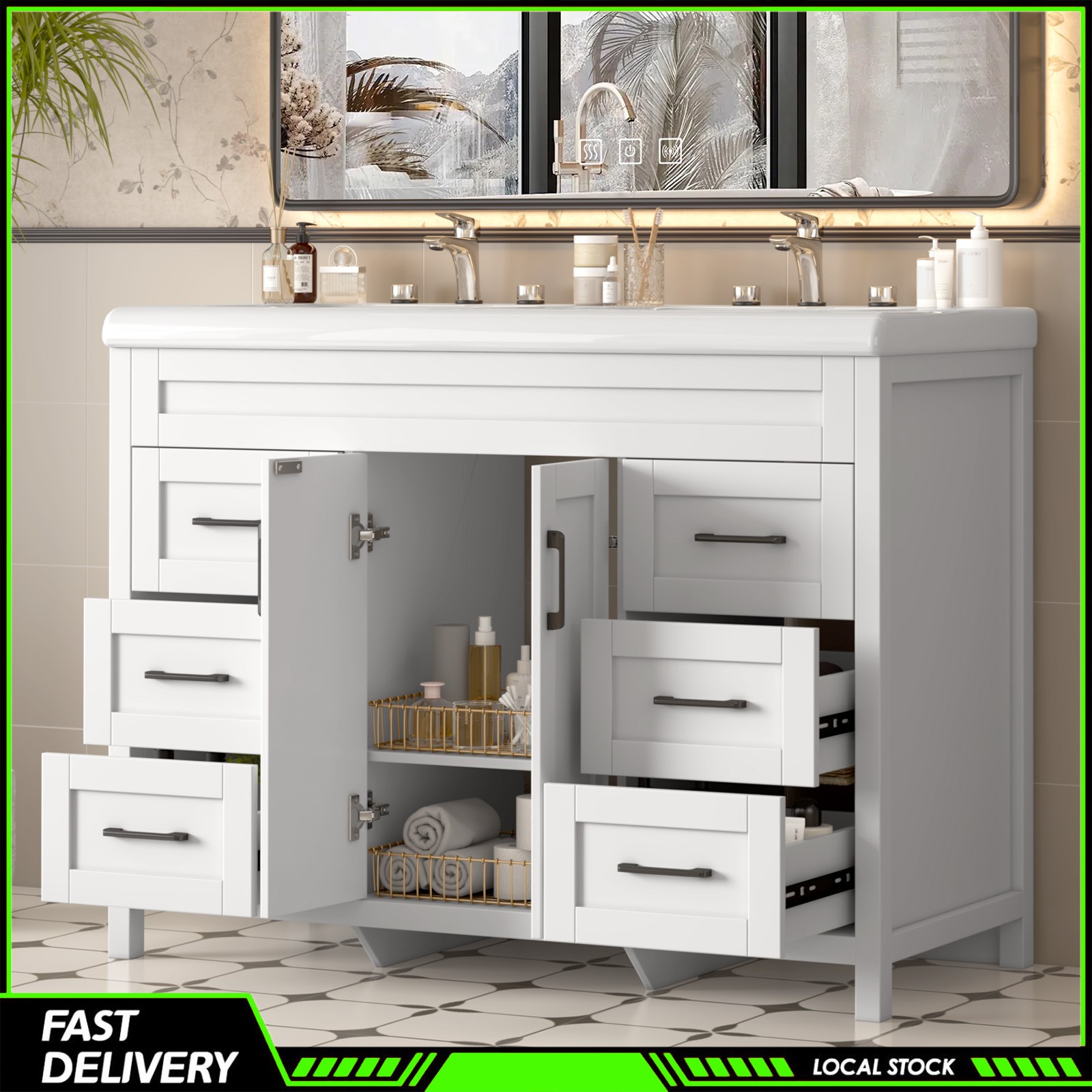 Modern 47 Inch Bathroom Vanity Double Ceramic Sinks Freestanding Drawer Cabinet