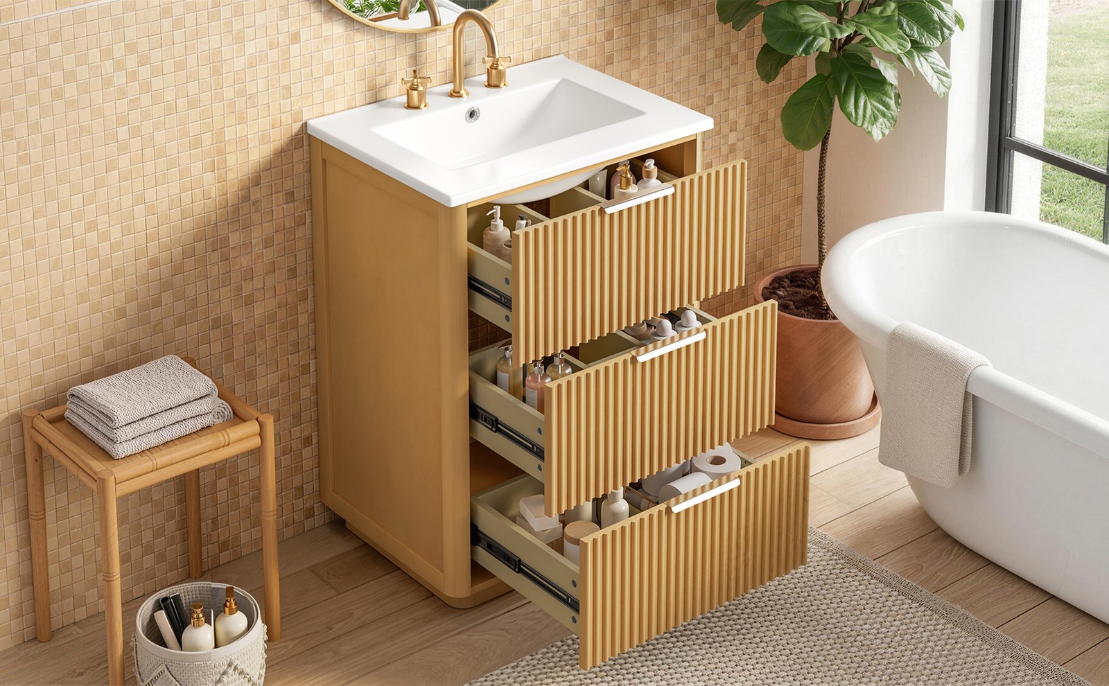 24 Inch Modern Bathroom Vanity with Ceramic Sink, Wood Cabinet