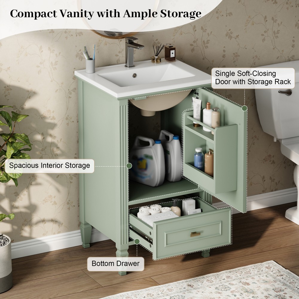 20″ Green Bathroom Vanity, Ceramic Sink, Solid Wood Legs, Soft-Close, Storage