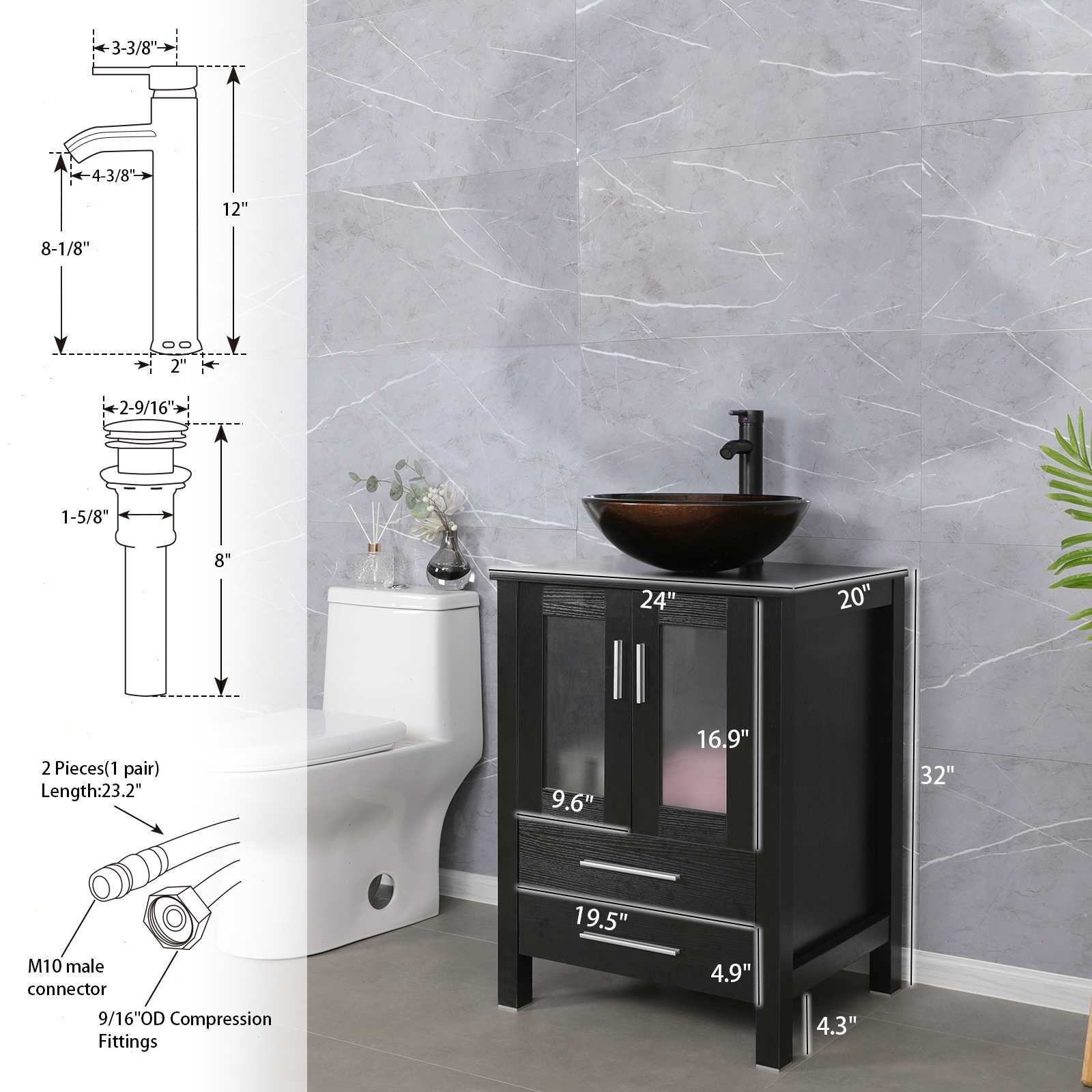 48″ Double Bathroom Vanity Cabinet Set Black Vessel Glass Sink Combo No Mirror