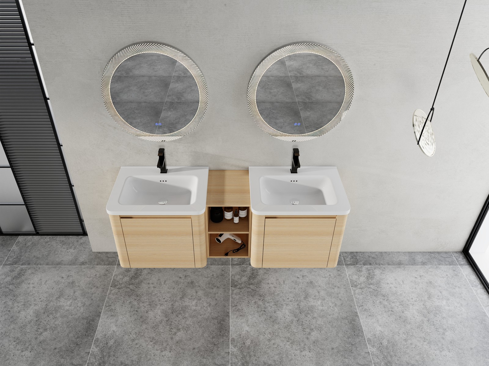 60in Plywood Wall-Mounted Bathroom Vanity W/ 2x White Ceramic Sink and Shelves