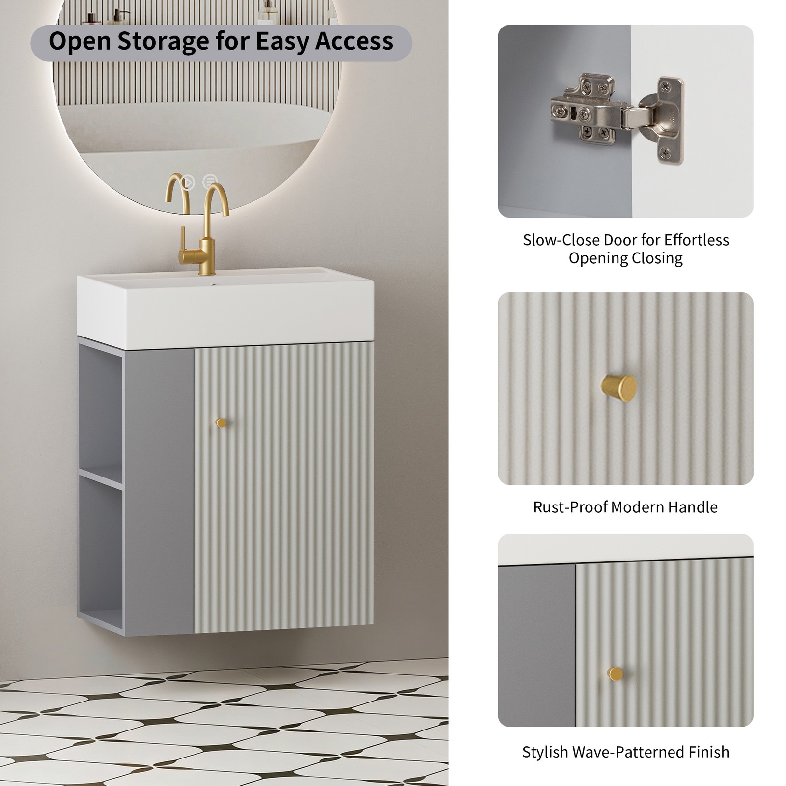 Wall-mounted Open-shelving Vanity with Ceramic Sink Grey