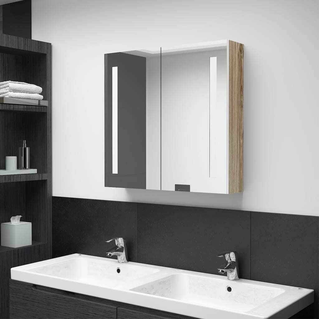 LED Bathroom Mirror Cabinet White and Oak 24.4″x5.5″x23.6″