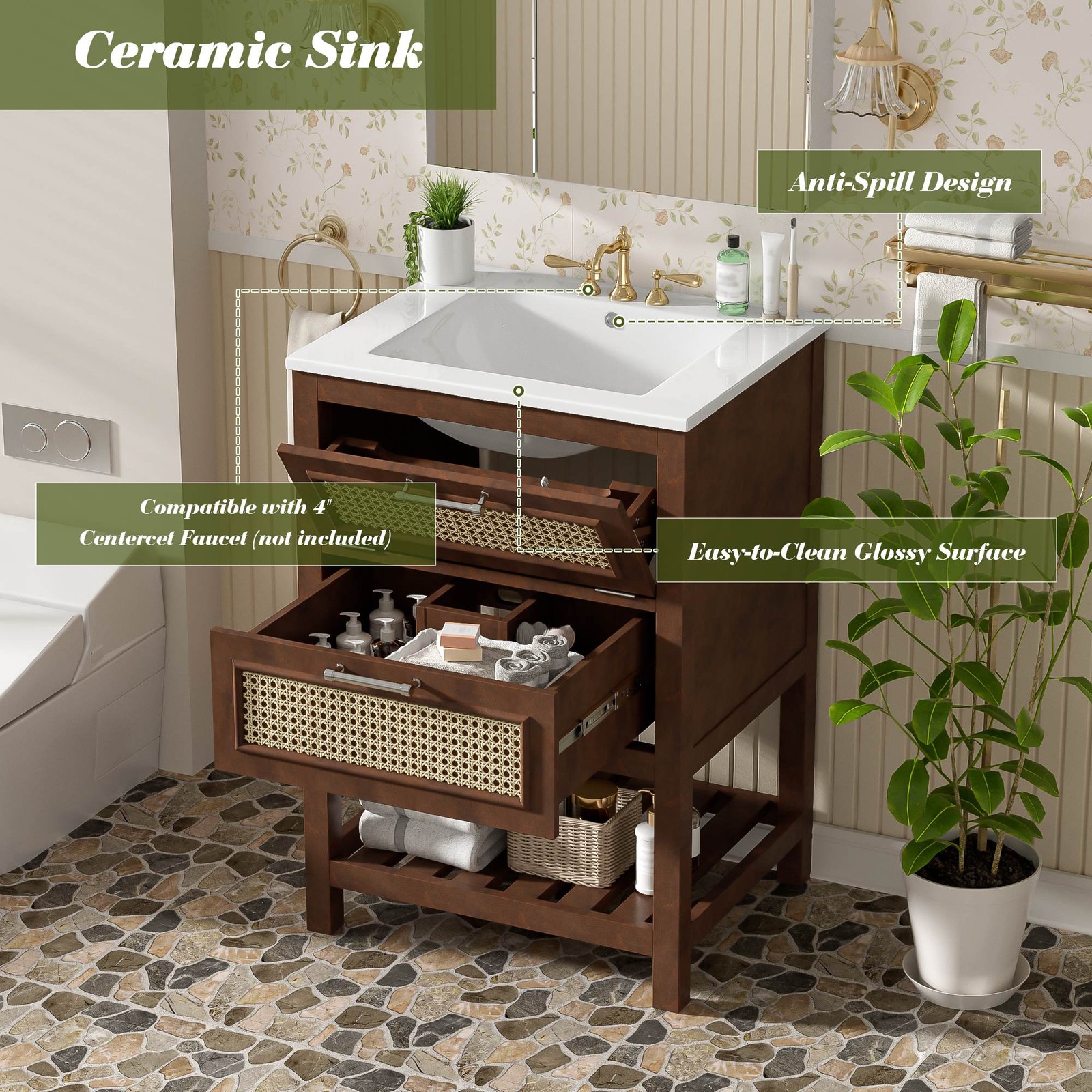 FUNIDEE 24″ Bathroom Vanity with Ceramic Sink Storage Cabinet with Single Sink