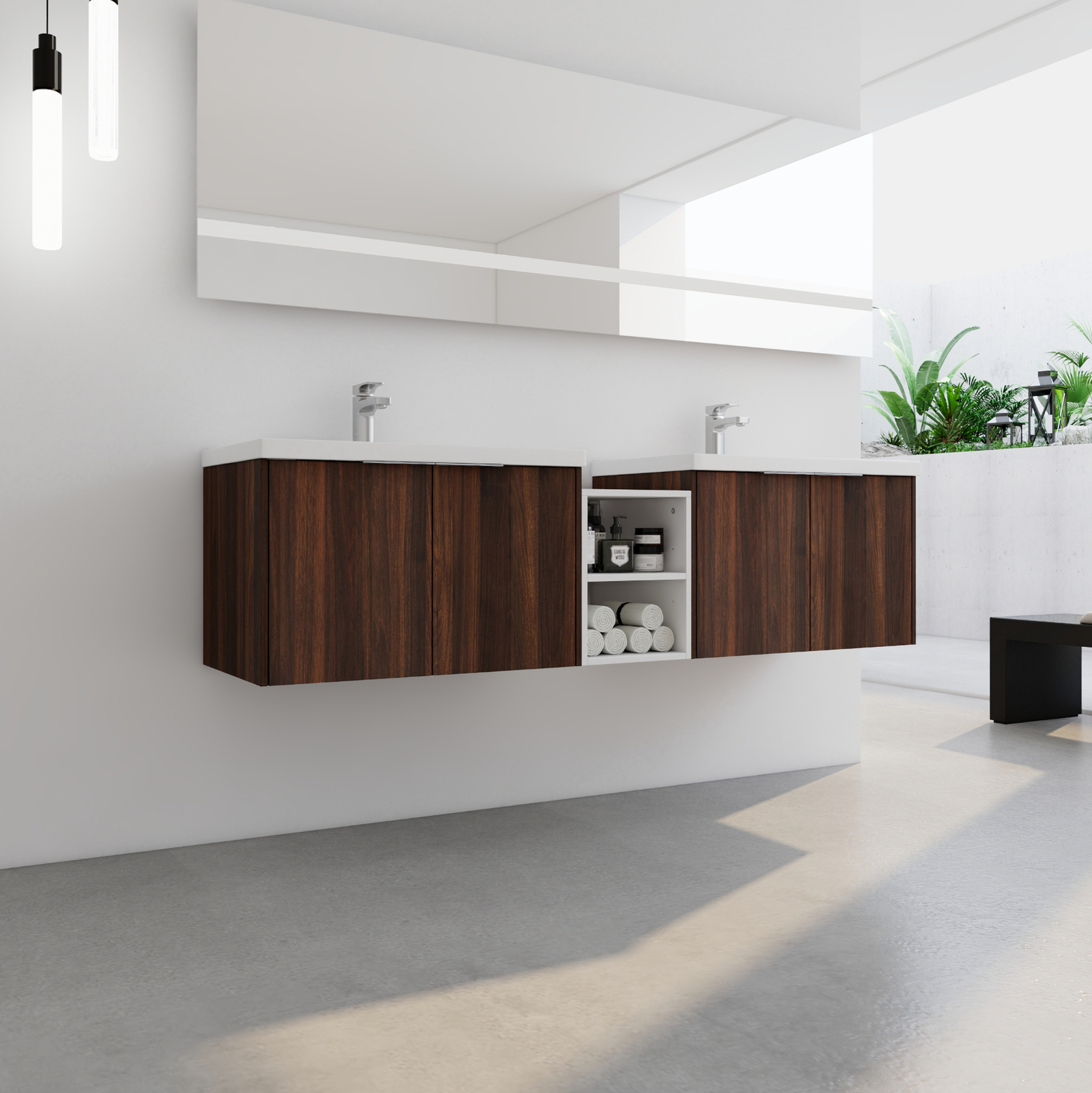 2X 30″ Bathroom Vanity Cabinet With Resin Sink +12″ Small Storage Shelves Walnut