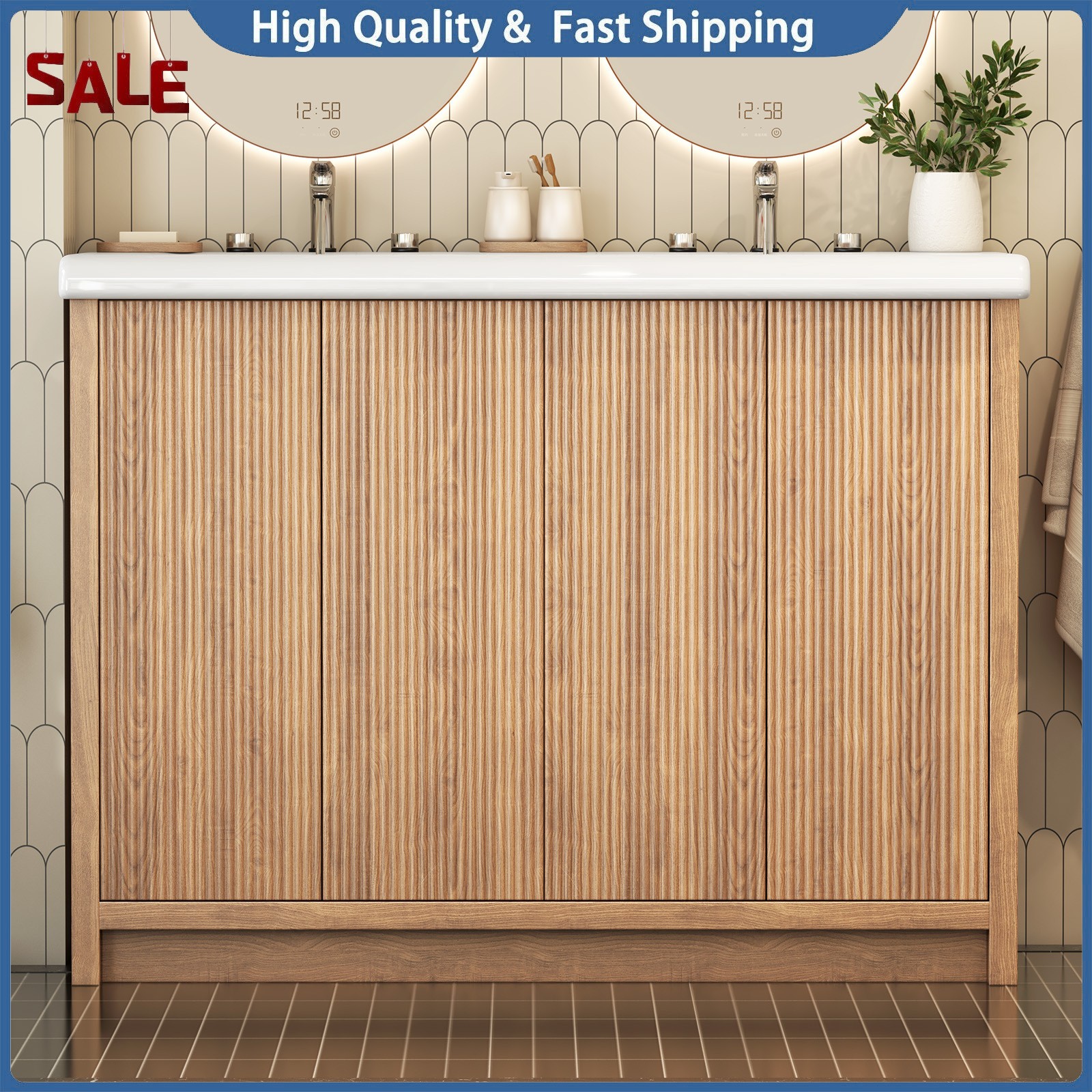 47″ Large Bathroom Vanity Double Ceramic Sink Freestanding Cabinet Storage