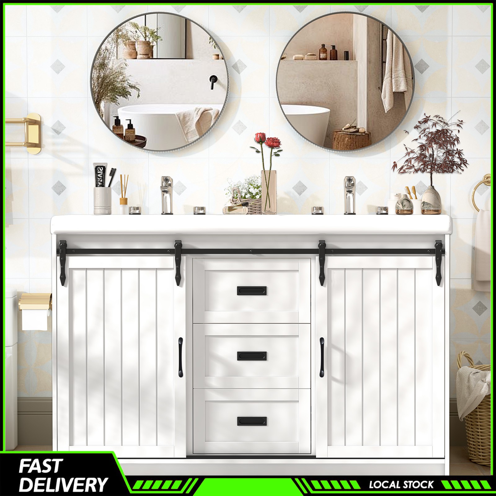 Modern 47″ White Bathroom Vanity Double Ceramic Sinks 2 Drawers 2 Sliding Doors