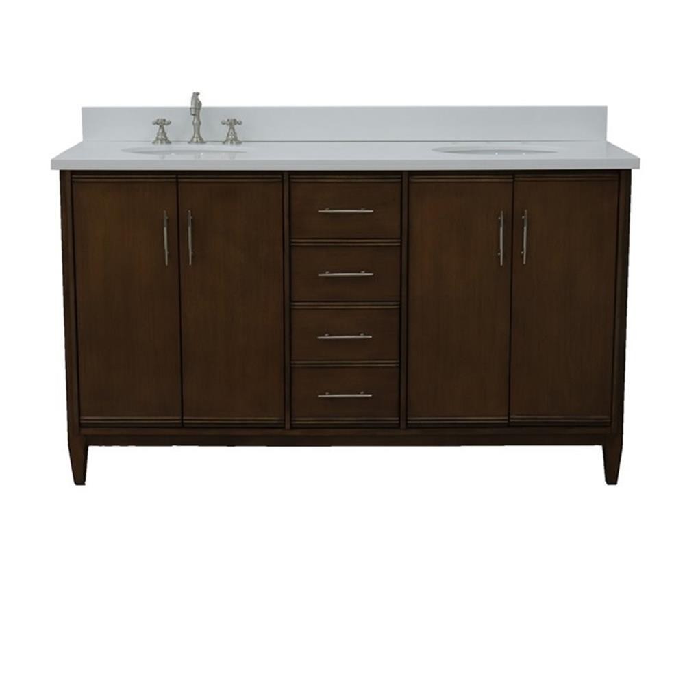 Pemberly Row 61″ Double Oval Sink Solid Wood Vanity in Walnut/White Quartz Stone