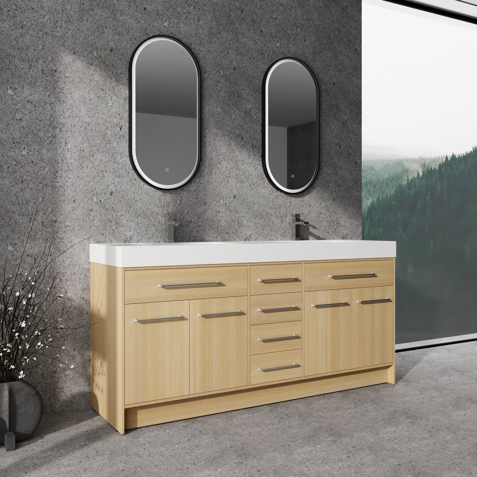 72 in Plywood Bathroom Vanity Freestanding W/Double Resin Sink+4 Doors 6 Drawers