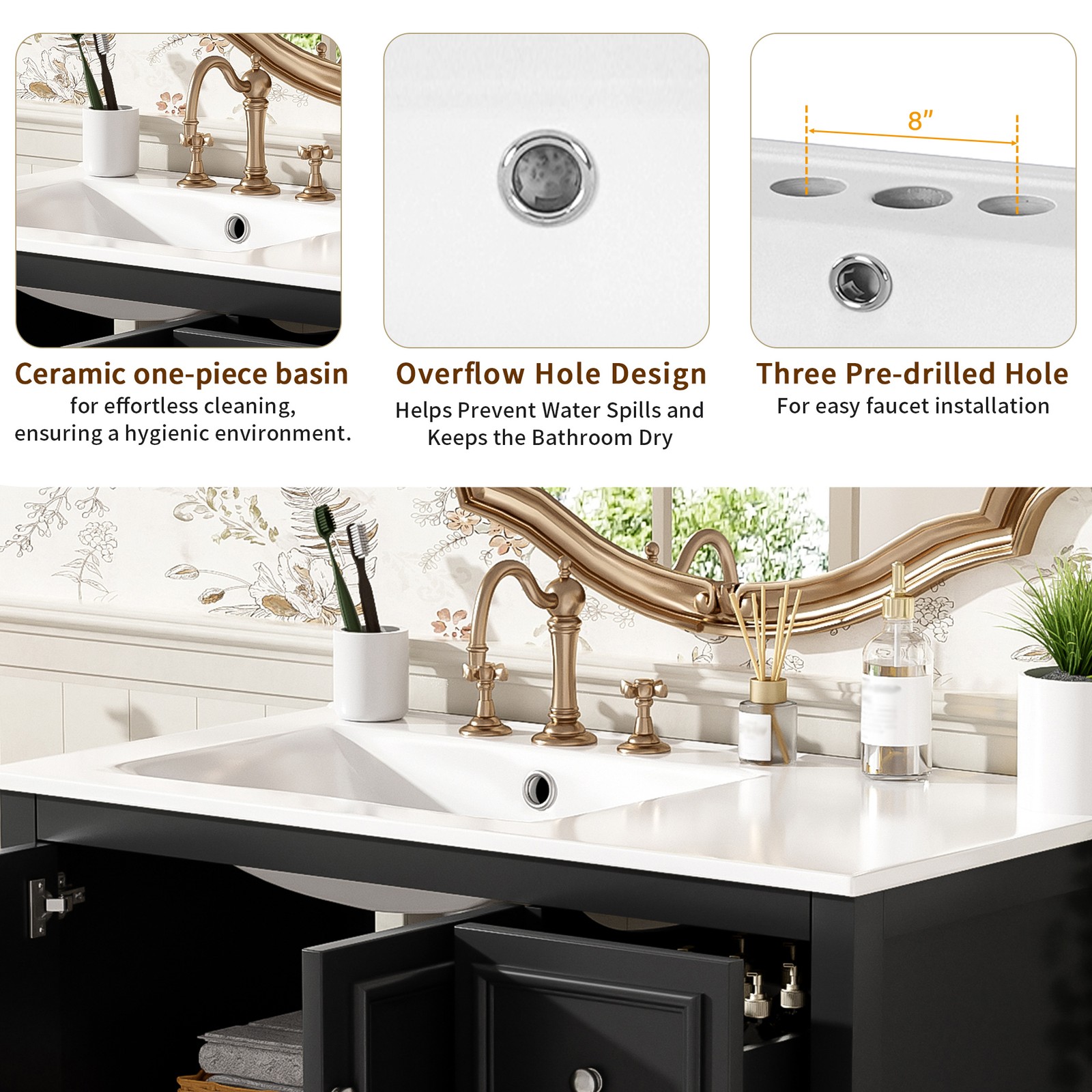36 Inch Transitional Bathroom Vanity with Ceramic Sink, Black
