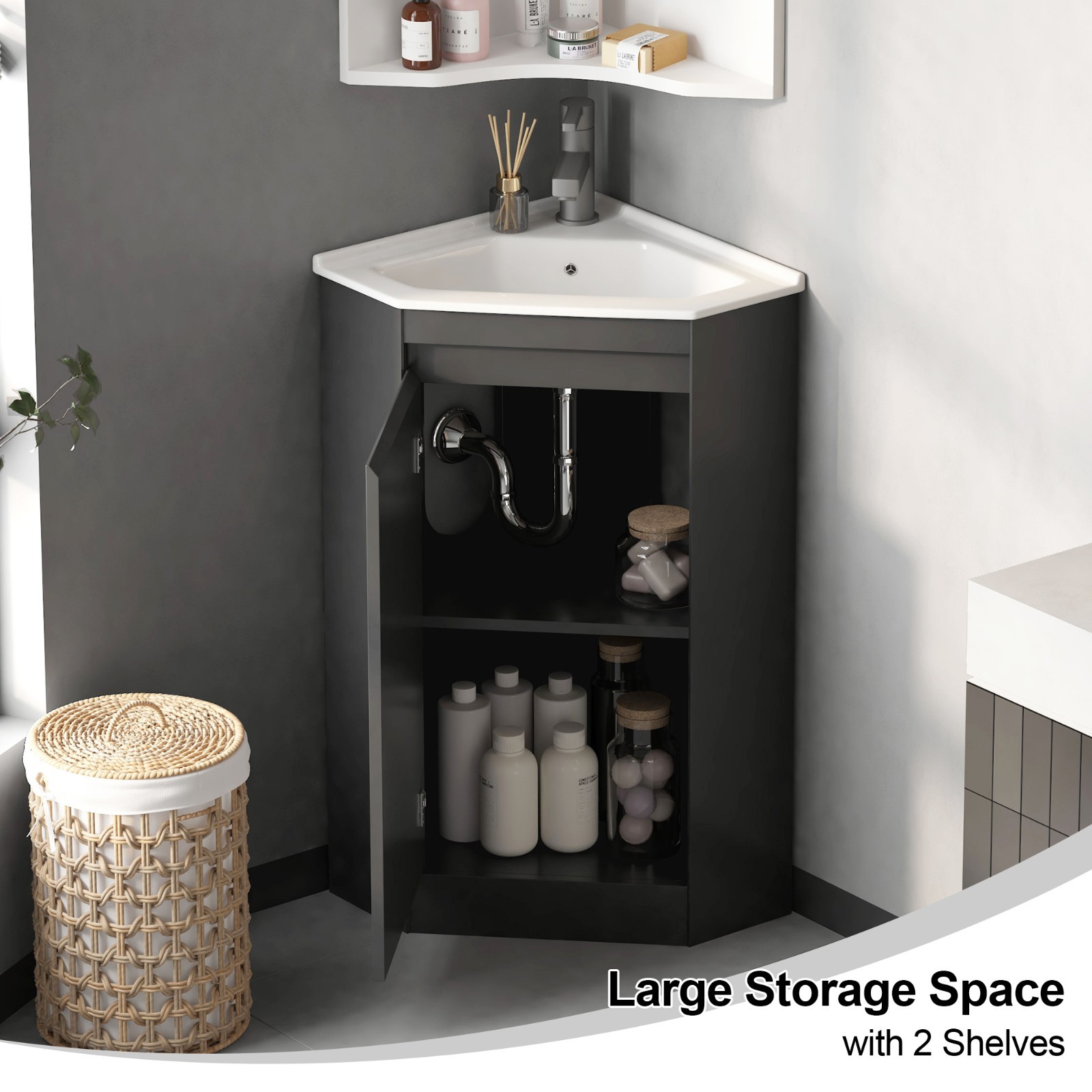 Corner Bathroom Vanity Sink Combo for Small Space Freestanding Storage Cabinet