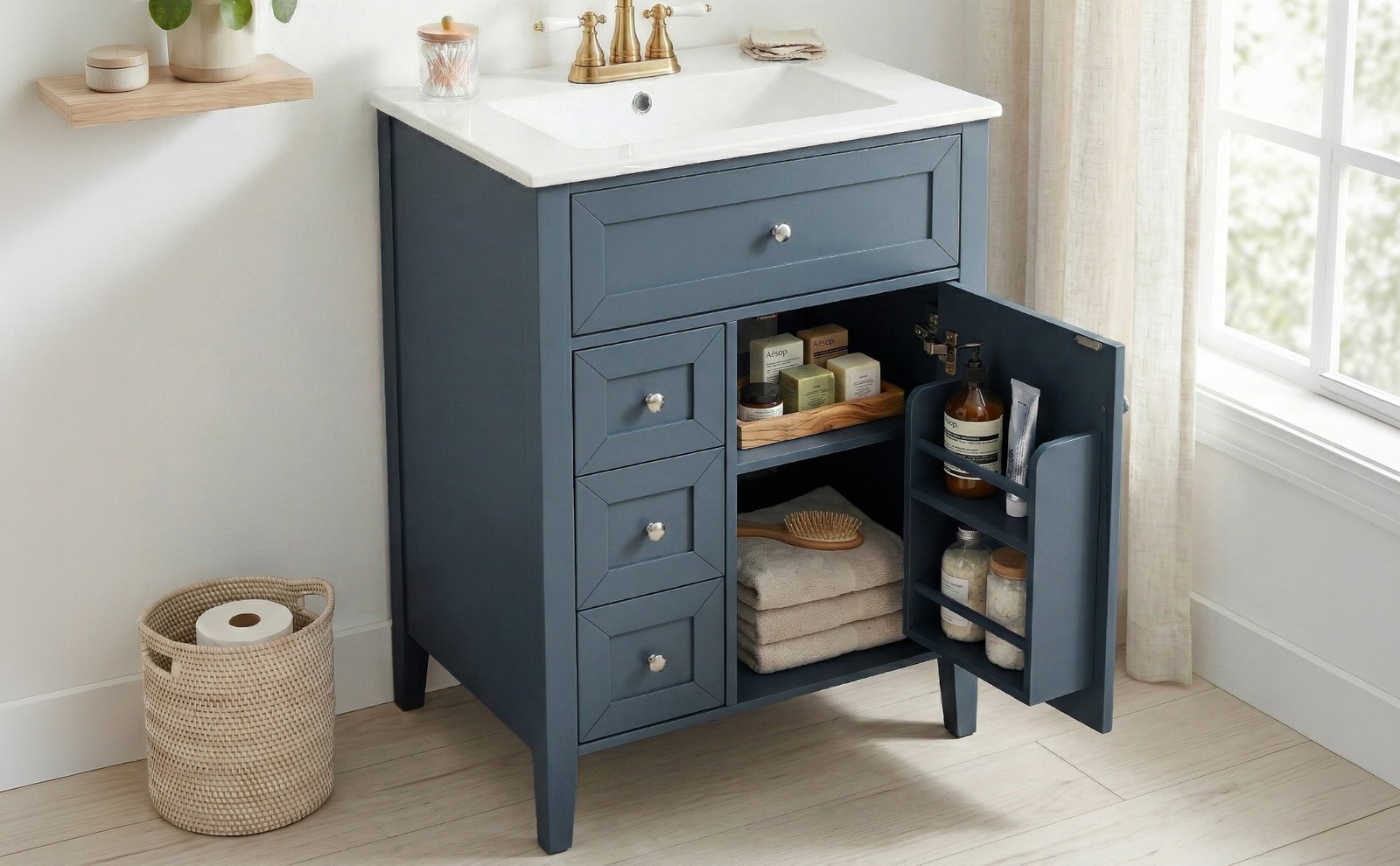 24″ Blue Gray Bathroom Vanity with Ceramic Sink & Soft-Close Drawers