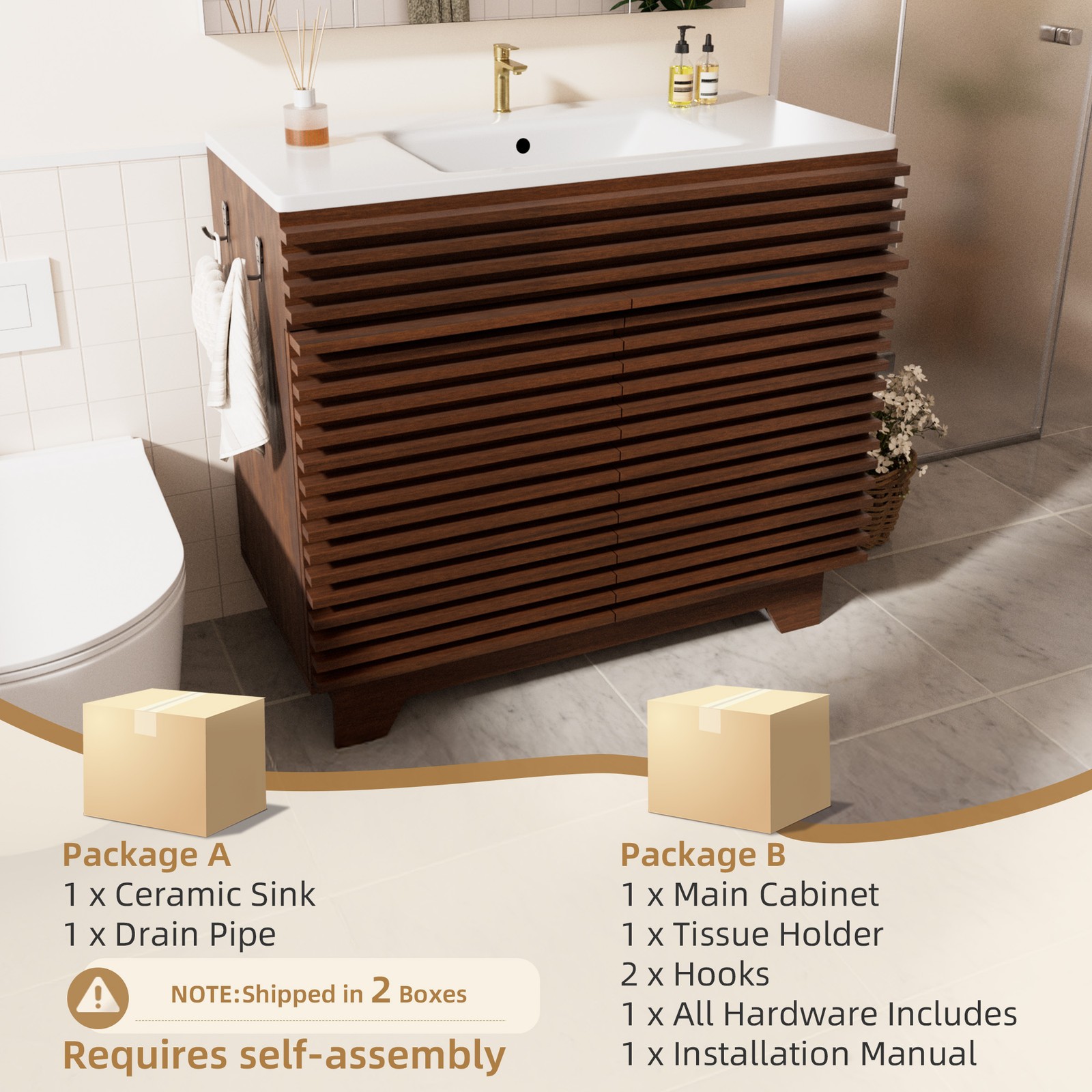 32/36″ Bathroom Vanity w/ Ceramic Sink Storage Vanity Cabinet Towel Hooks Walnut