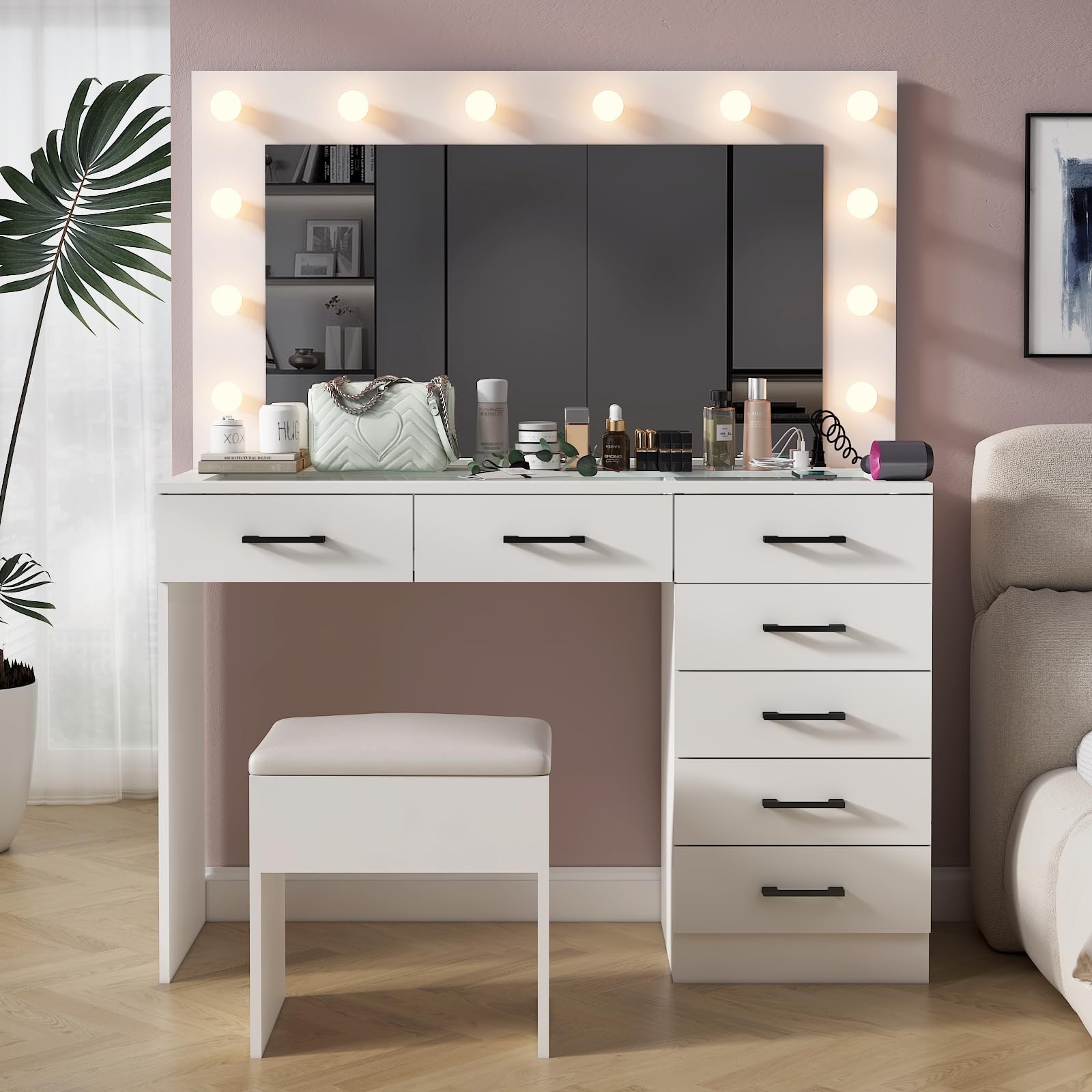 Makeup Vanity Desk Mirror Lighted Charging 7 Drawers Stool 3 Colors