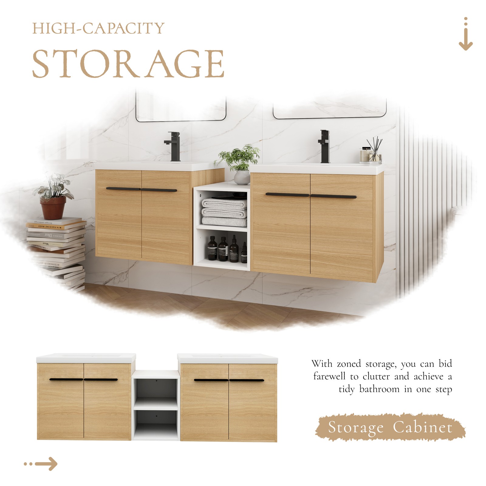 60 Inch Wall Mounted Bathroom Vanity with Resin Sink, 4 Doors & Shelves