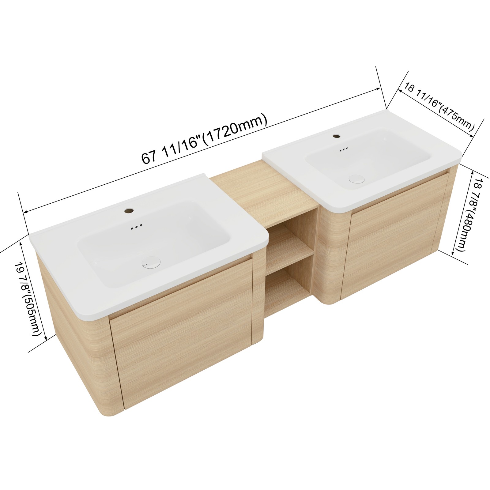 68in Plywood Wall-Mounted Bathroom Vanity W/ 2x White Ceramic Sink and Shelves