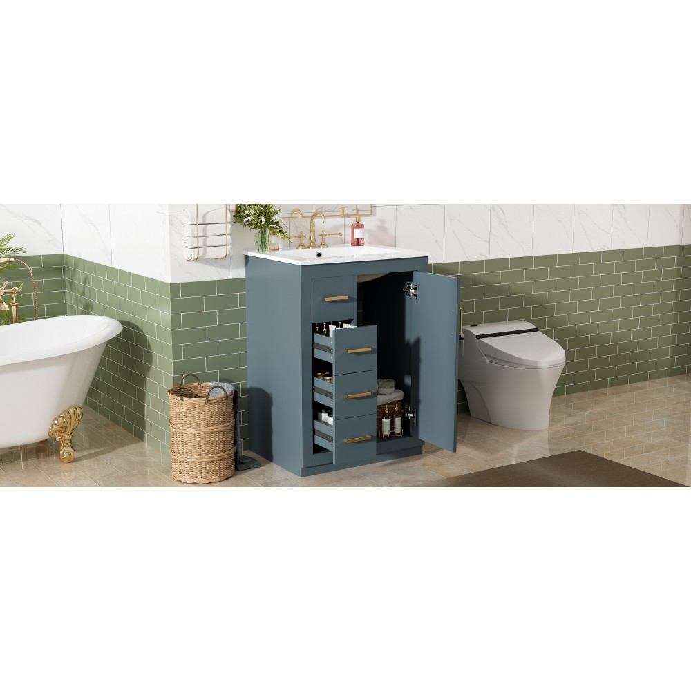 24 Inch Single Sink Bathroom Vanity Ceramic Top Drawers Storage Cabinet
