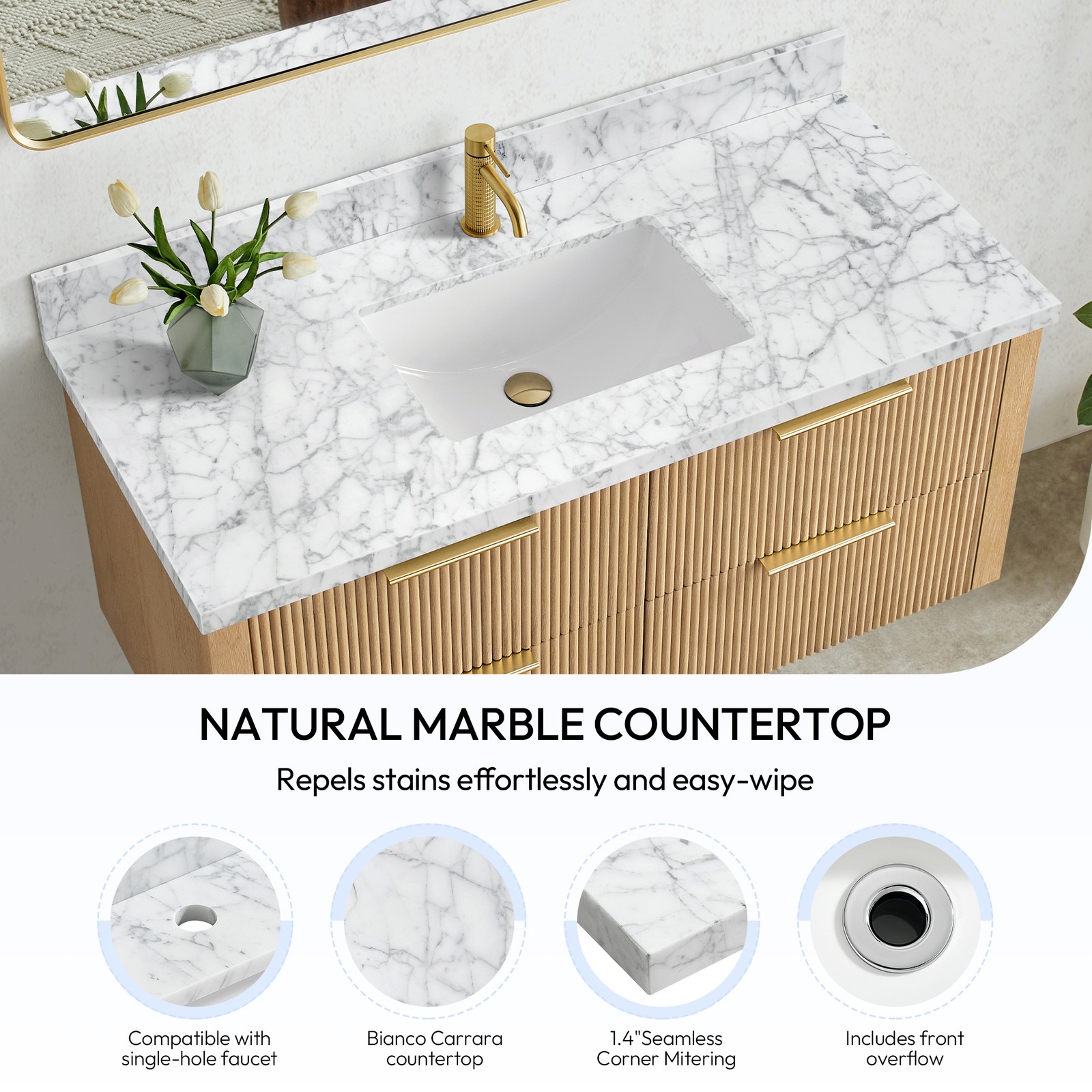 Zevio 49″W x 22″D Natural Marble Vanity Top in Carrara White with Ceramic Sink