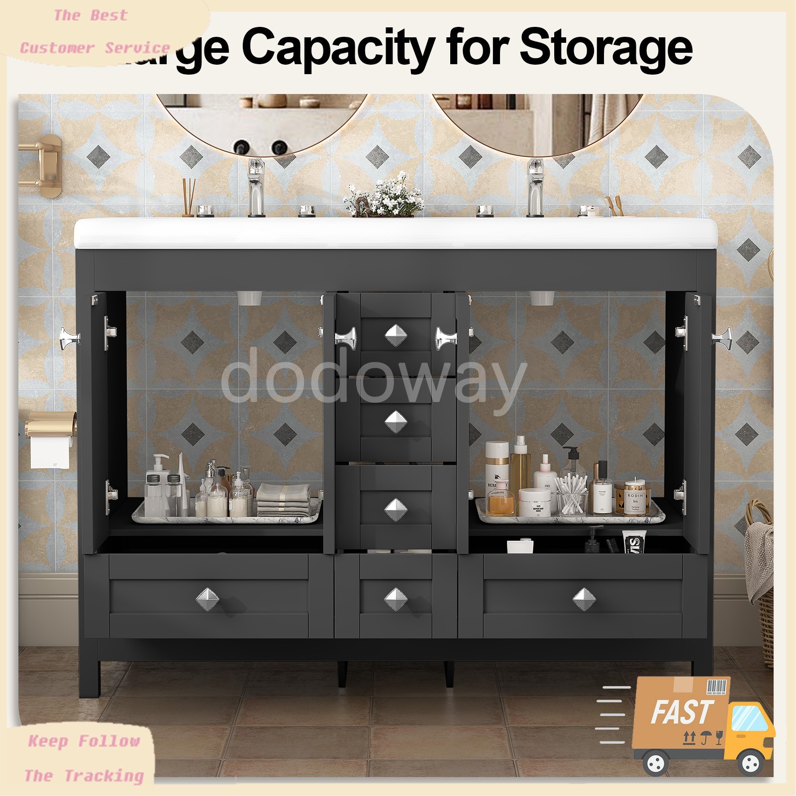 Modern 47″ Double Sink Vanity Freestanding Ceramic Bathroom Cabinet Black