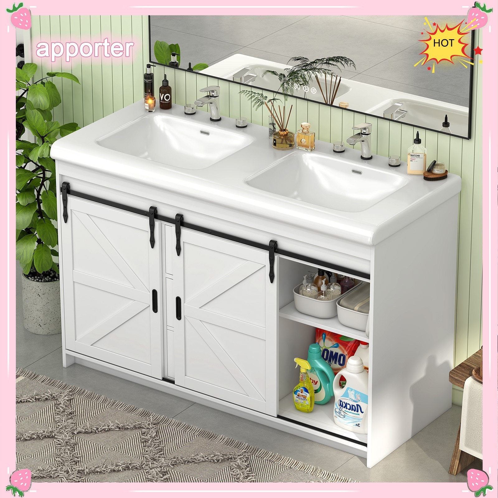46″ Bathroom Vanity Double Sink, Freestanding Storage Vanity Cabinet & 2 Drawers