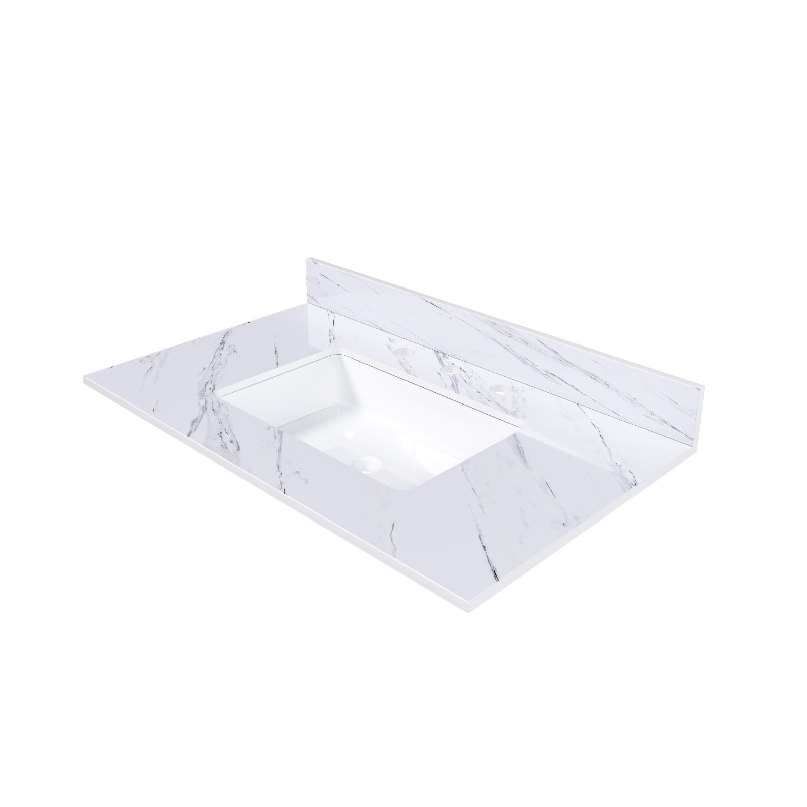 37″ White Marble Vanity Top w/ Undermount Sink, 3 Holes, 4″ Backsplash