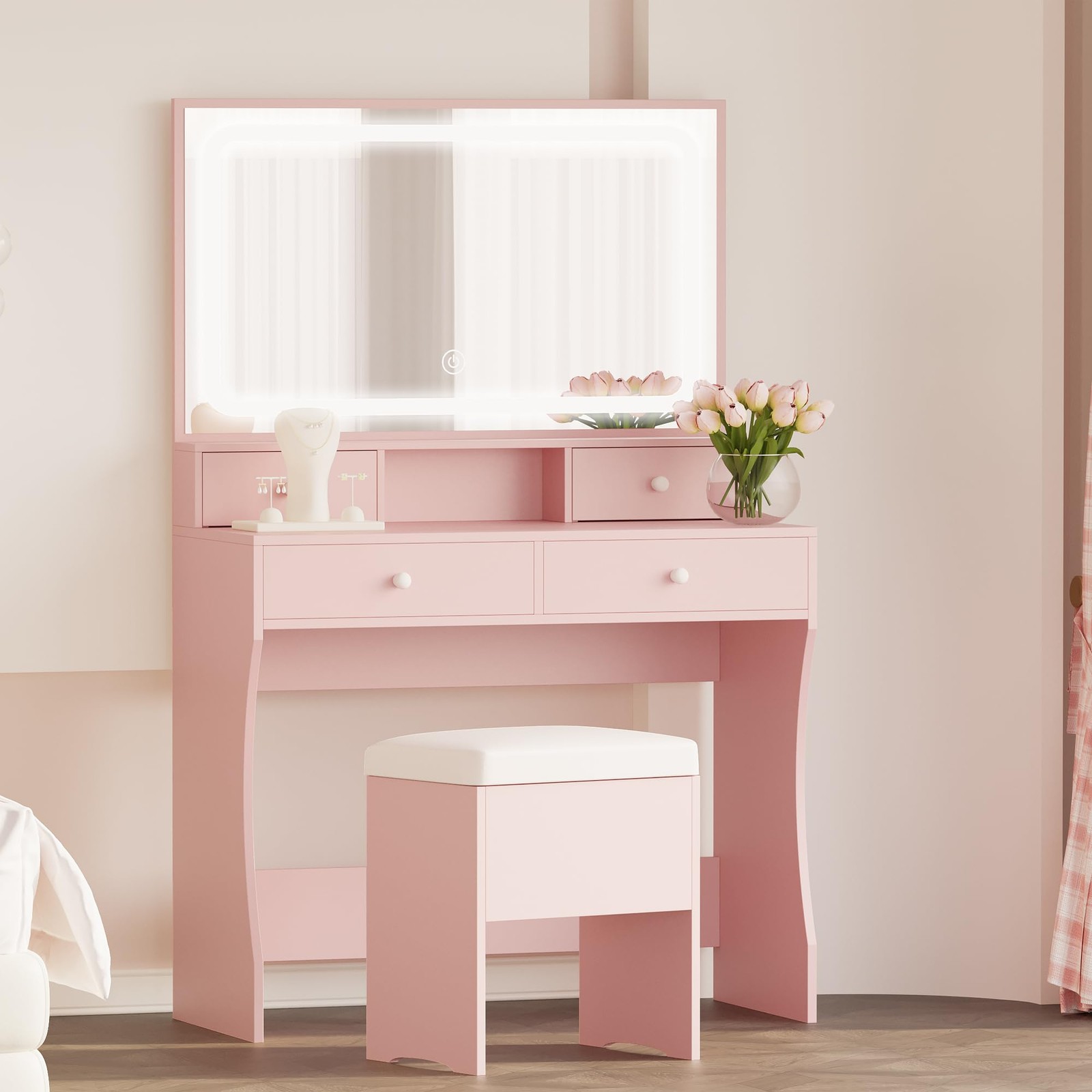 Vanity Desk with LED Lighted Mirror & Power Outlet 4 Drawers Storage Bench Pink