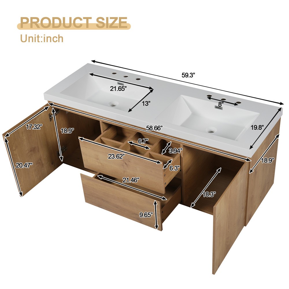 59″ Wall Mounted Bathroom Vanity w/Double Sink, Floating Vanity Cabinet,2 Drawer