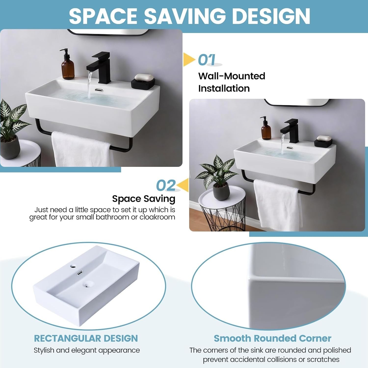 24″ Wall Mount Sink with Towel Rack – Small Ceramic Floating Bathroom Basin