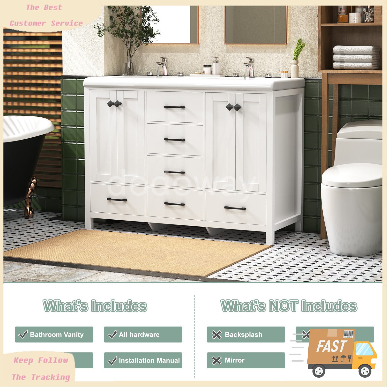 47″ Bathroom Vanity Set with Double Sink, 4-Door 6-Drawer Waterproof Cabinet