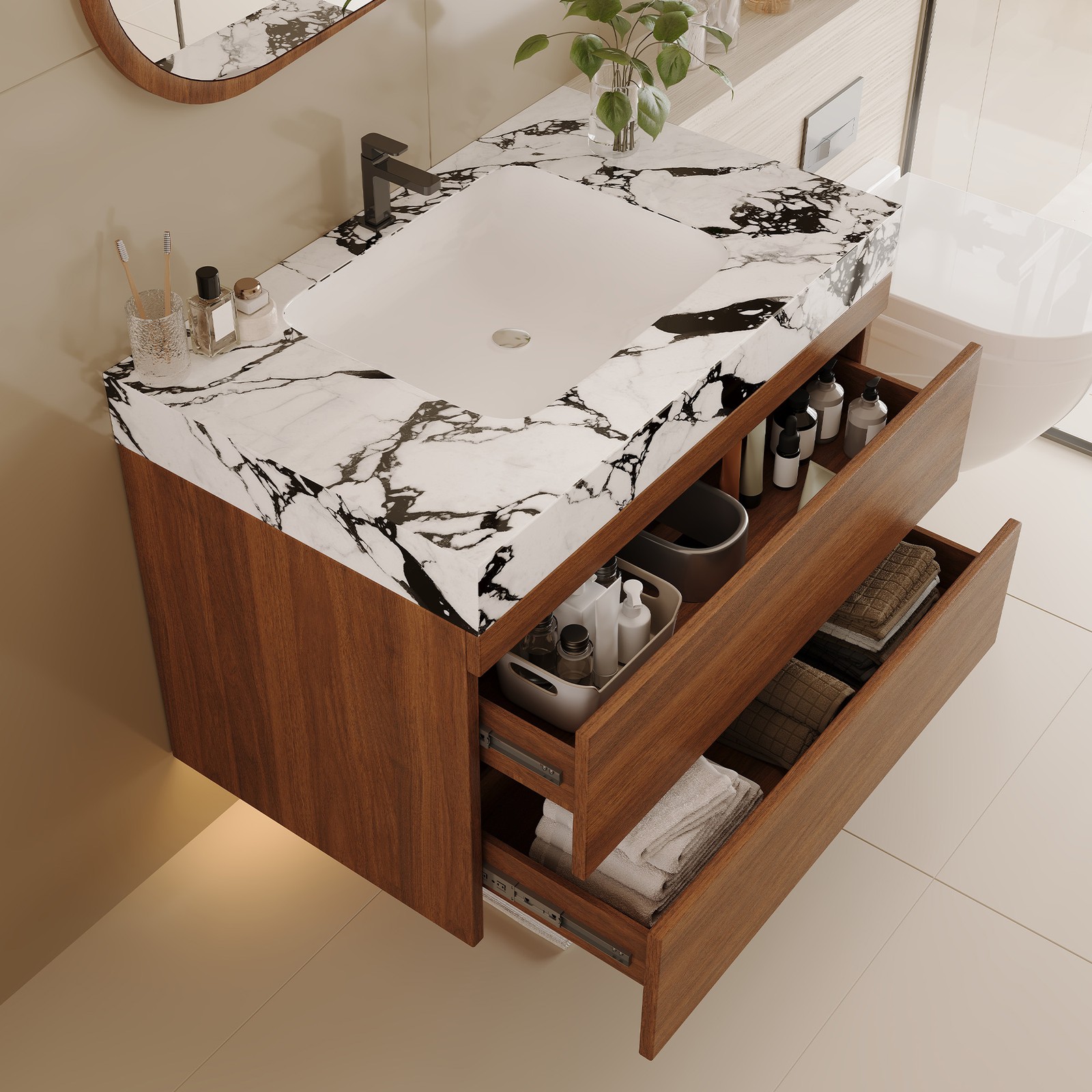 29.9″ Modern Floating Bathroom Vanity Storage Cabinet w/Faux Marble Top & Sink