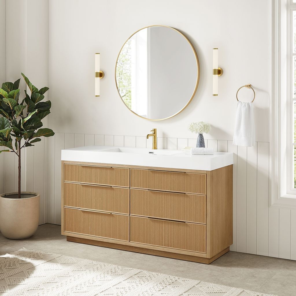 Hohhot 60″ Single Bath Vanity in Washed Ash Grey with White Stone Top