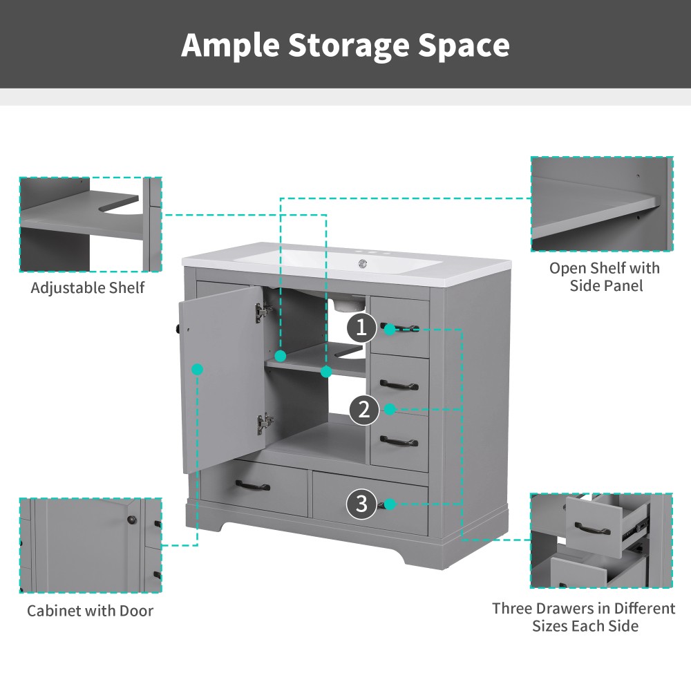 Bathroom Vanity Base Cabinet Six-Drawer Design Features Adjustable Shelves