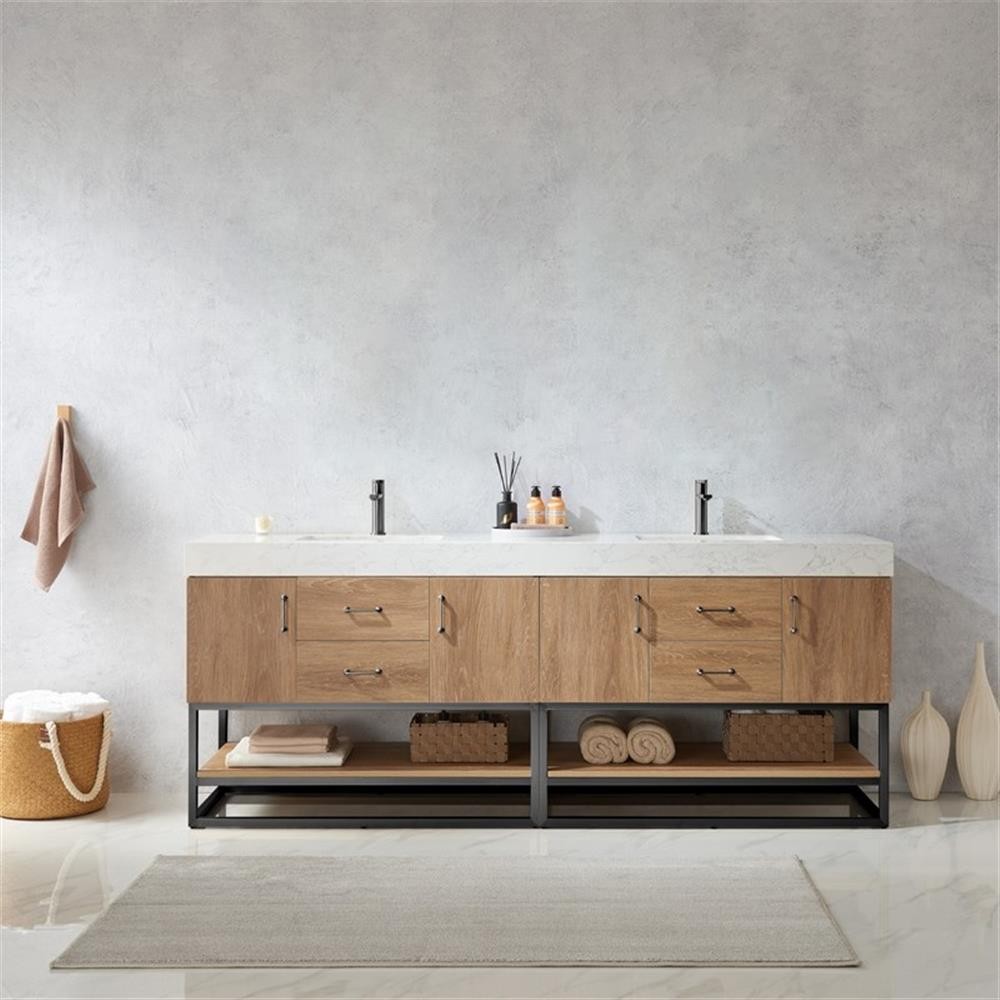 Pemberly Row 84″ White Stone Top Oak Double Vanity Black Frame w/o Mirror