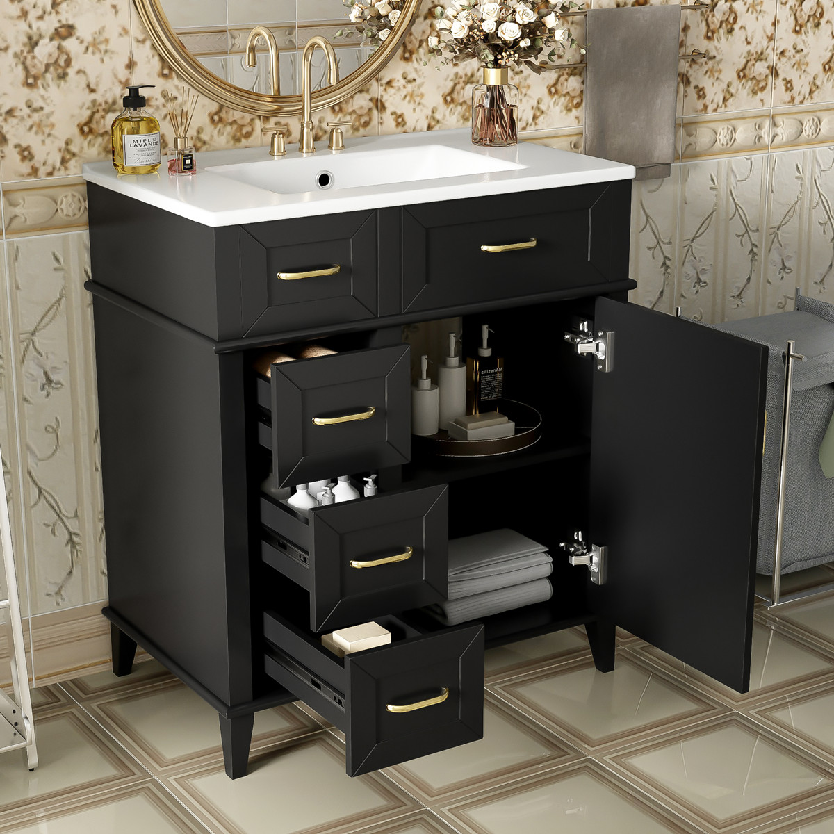 30″ Bathroom Vanity w/Sink, 3 Drawers, Freestanding Vanity Cabinet, Adjust Shelf
