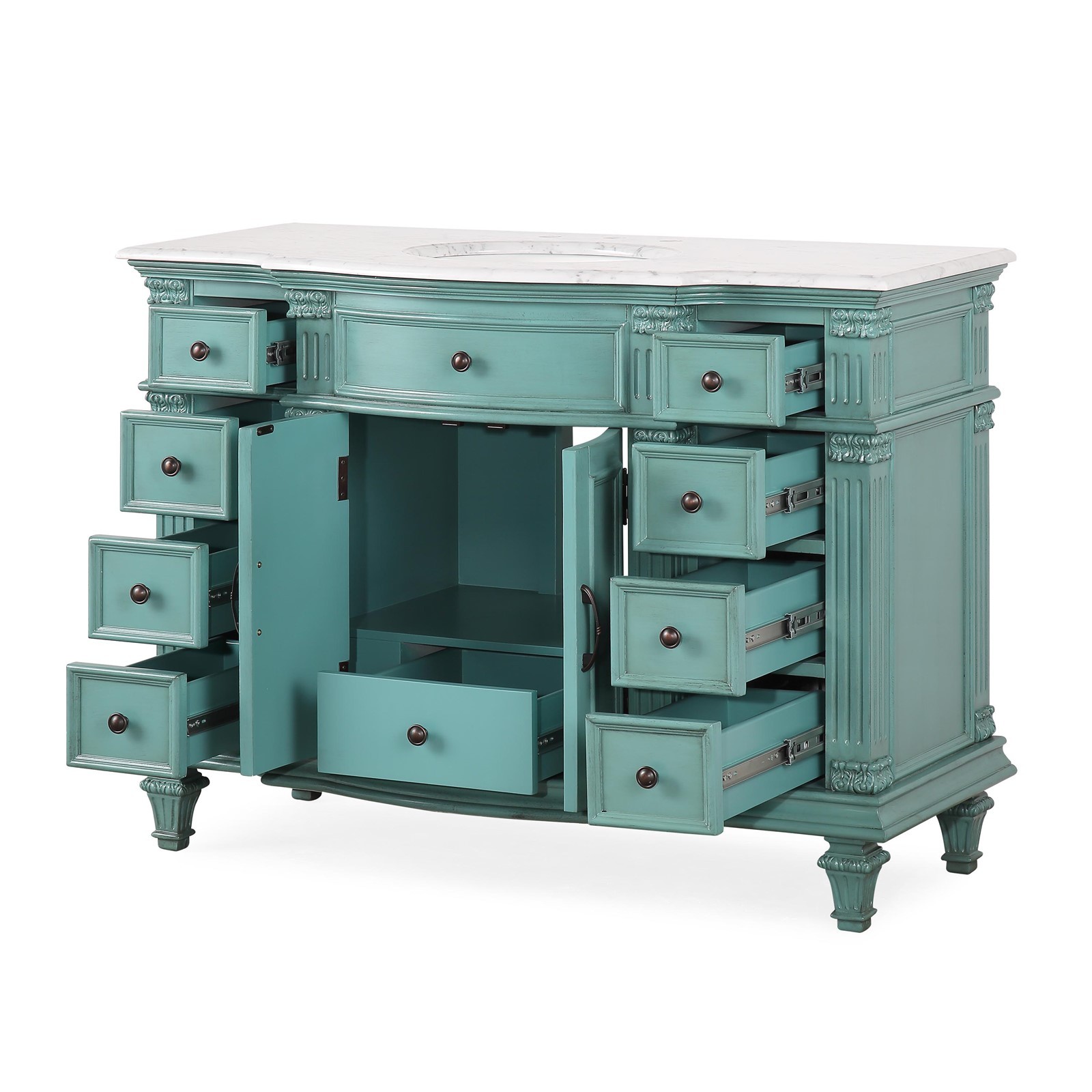 48″ Single Sink Cabinet Carrara White Marble Countertop Green Bathroom Vanity