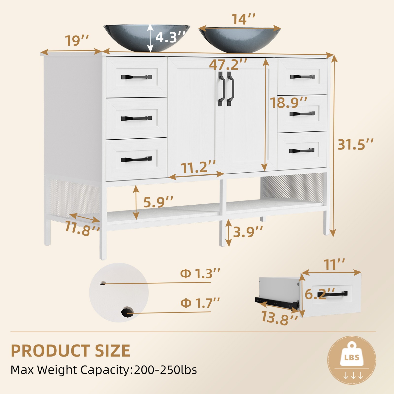 48″ Bathroom Vanity with Ceramic Sink Freestanding Storage Cabinet w/Drawer