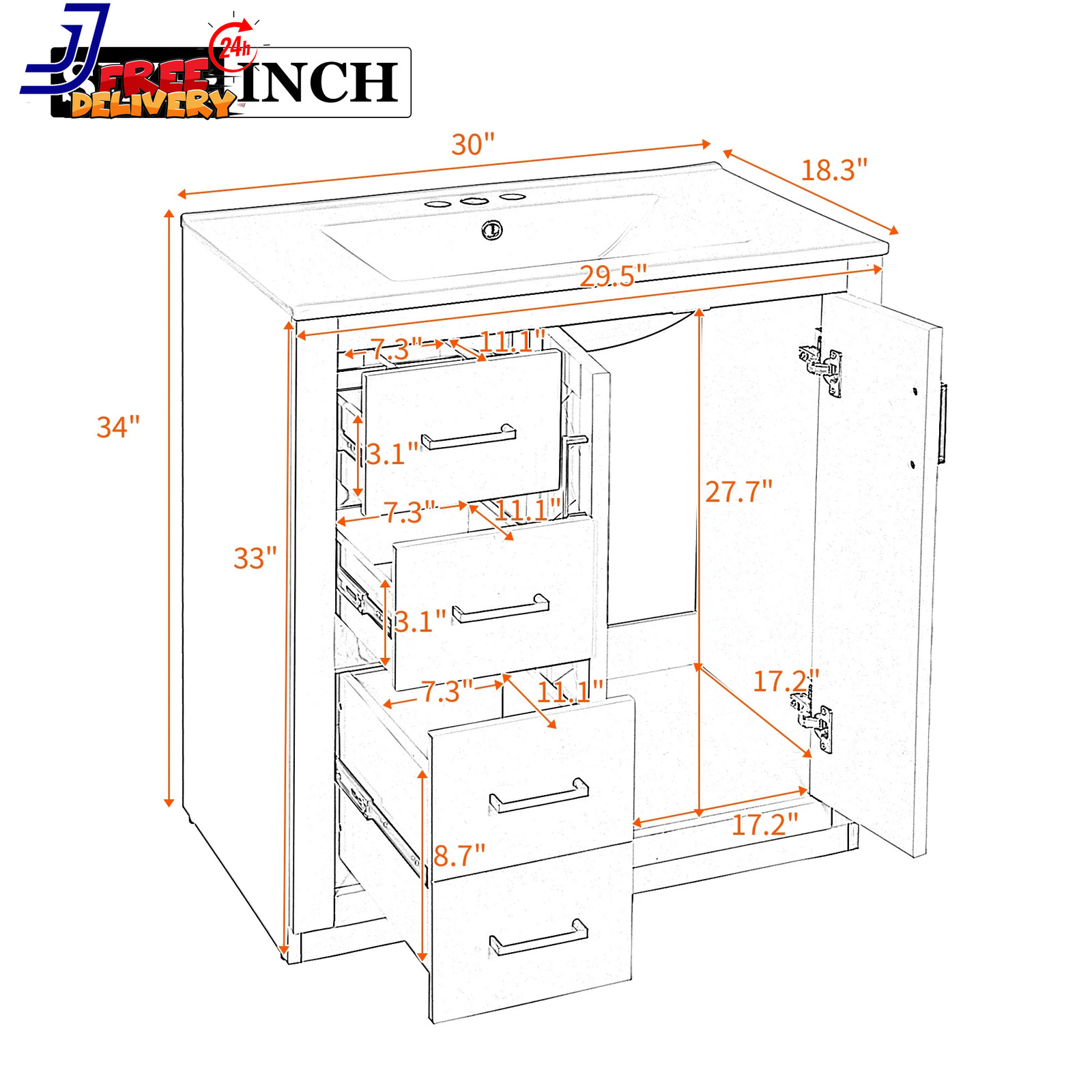 30” Bathroom Vanity w/Ceramic Sink Combo Solid Wood Frame Bathroom Storage Cabi